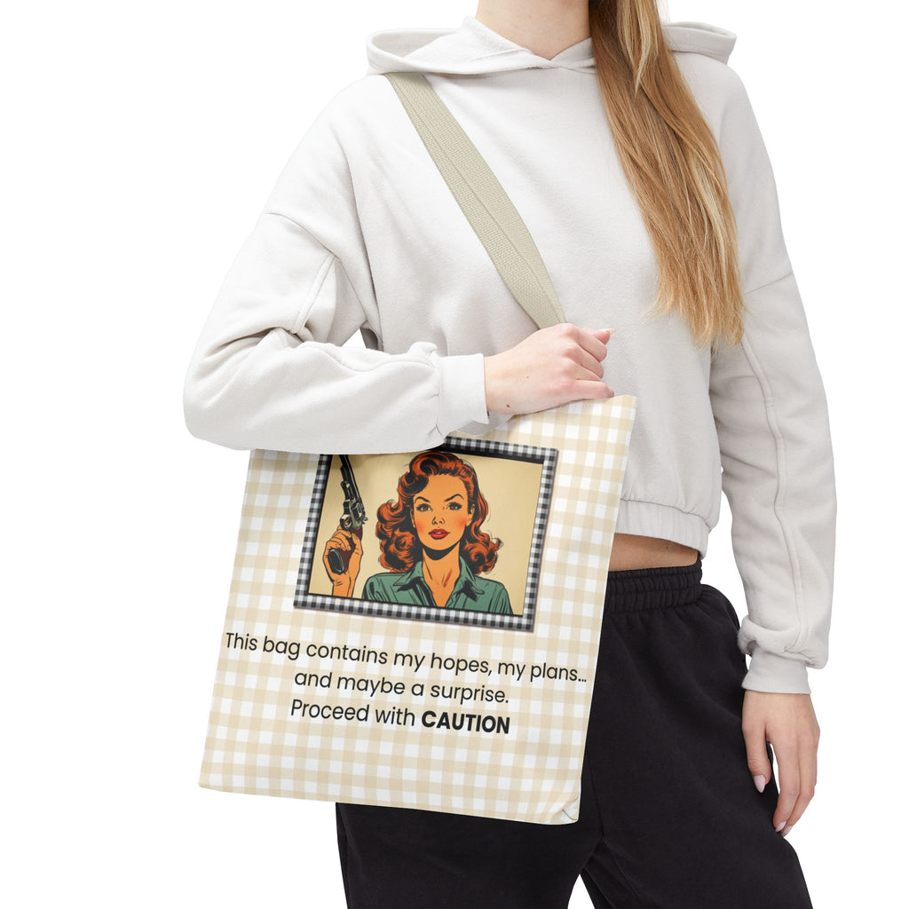 Retro Warning Tote Bag — "This bag contains my hopes, my plans, and maybe a surprise. Proceed with CAUTION"