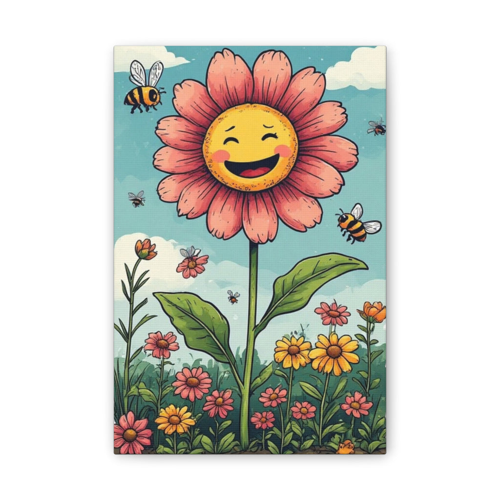Happy Smiling Flower Canvas Wall Art — Cheerful Floral Nursery Decor