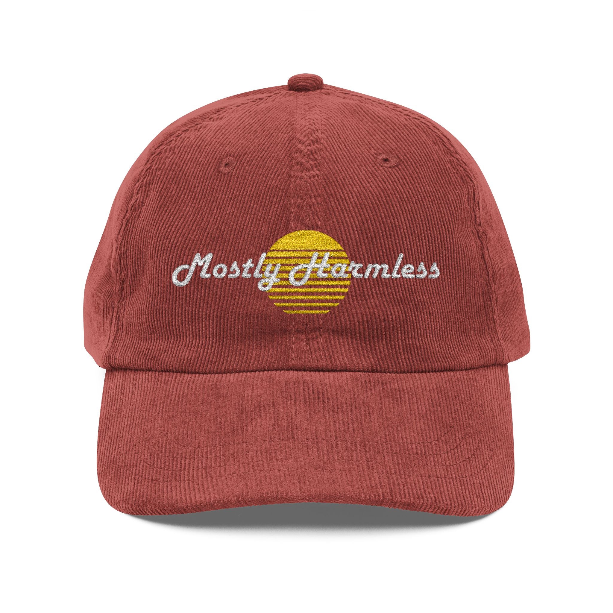Mostly Harmless Embroidered Corduroy Cap — Vintage Sunset Baseball Hat