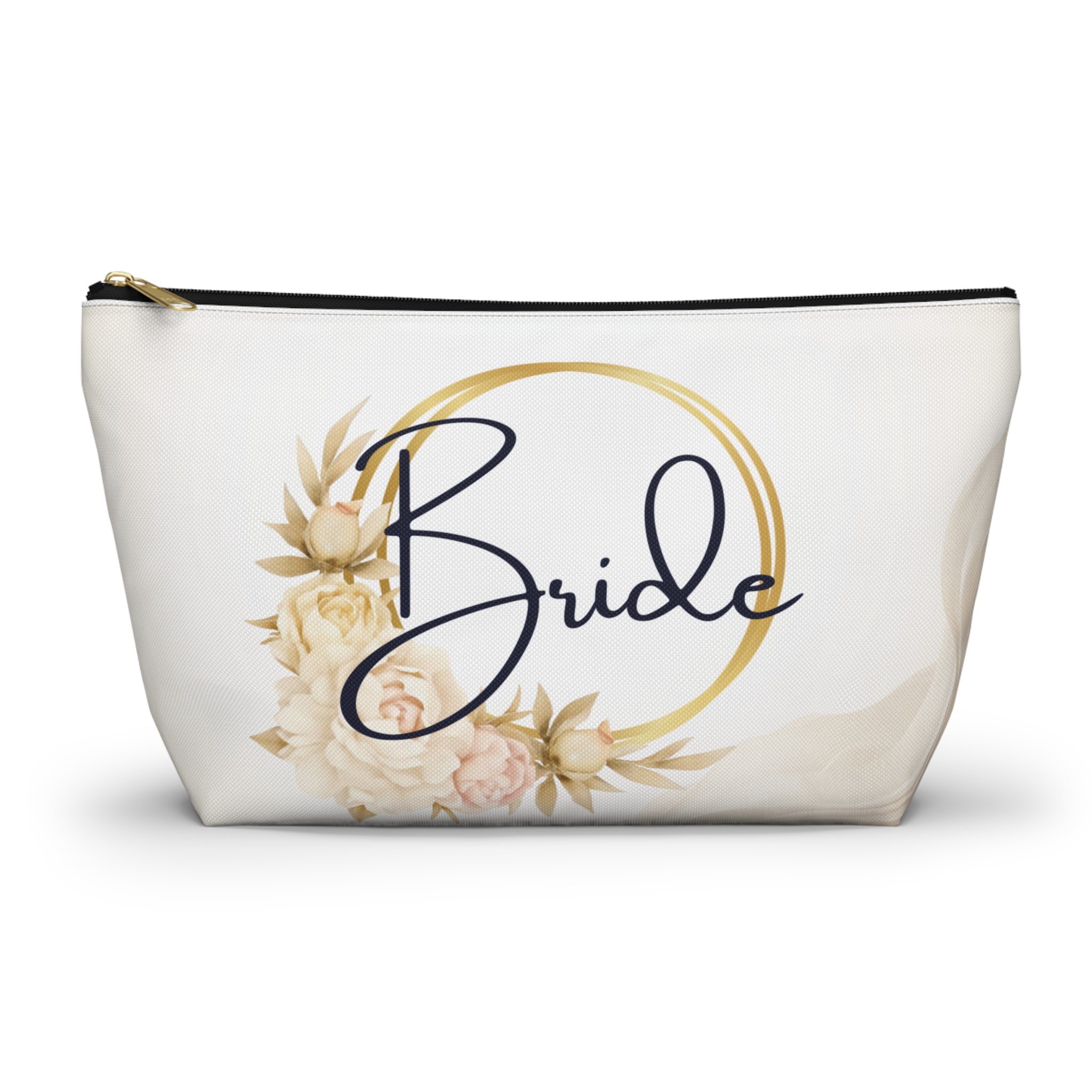 Neutral Tone Bride Floral Accessory Pouch — Bridal Makeup Bag with T‑Bottom