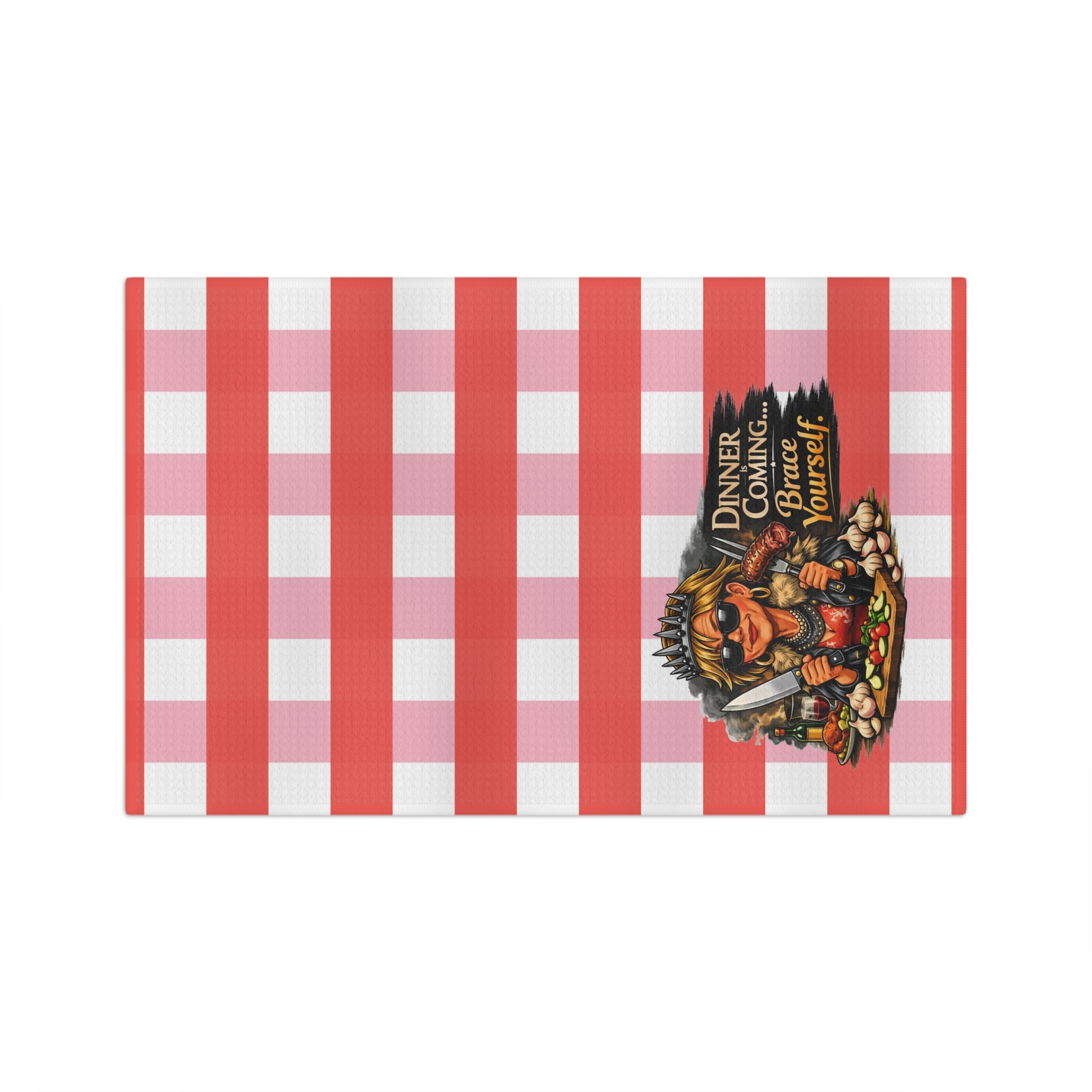 Dinner is Coming Tea Towel — Red Gingham Kitchen Towel with 'Dinner is Coming... Brace Yourself' Design