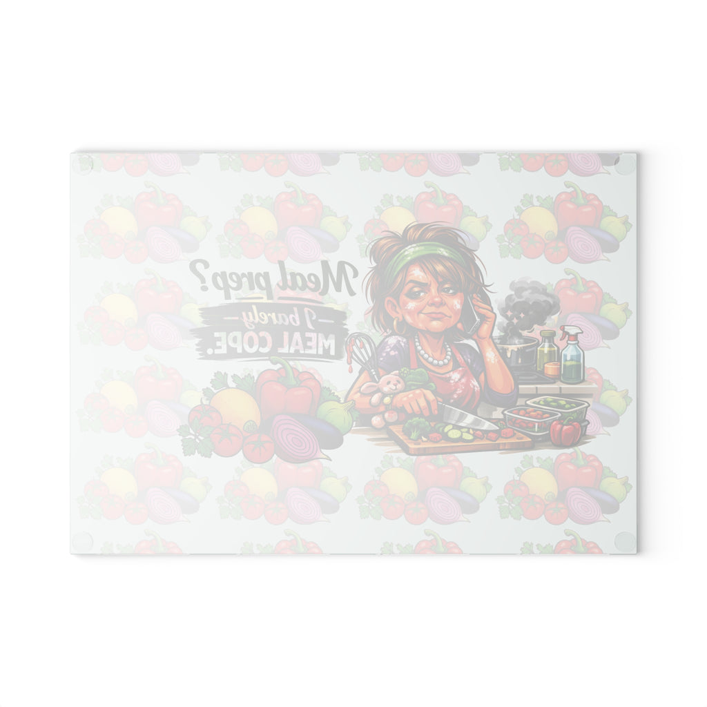 Glass Cutting Board – Funny Meal Prep Kitchen Board: “Meal prep? I barely meal cope.” Vegetable Design