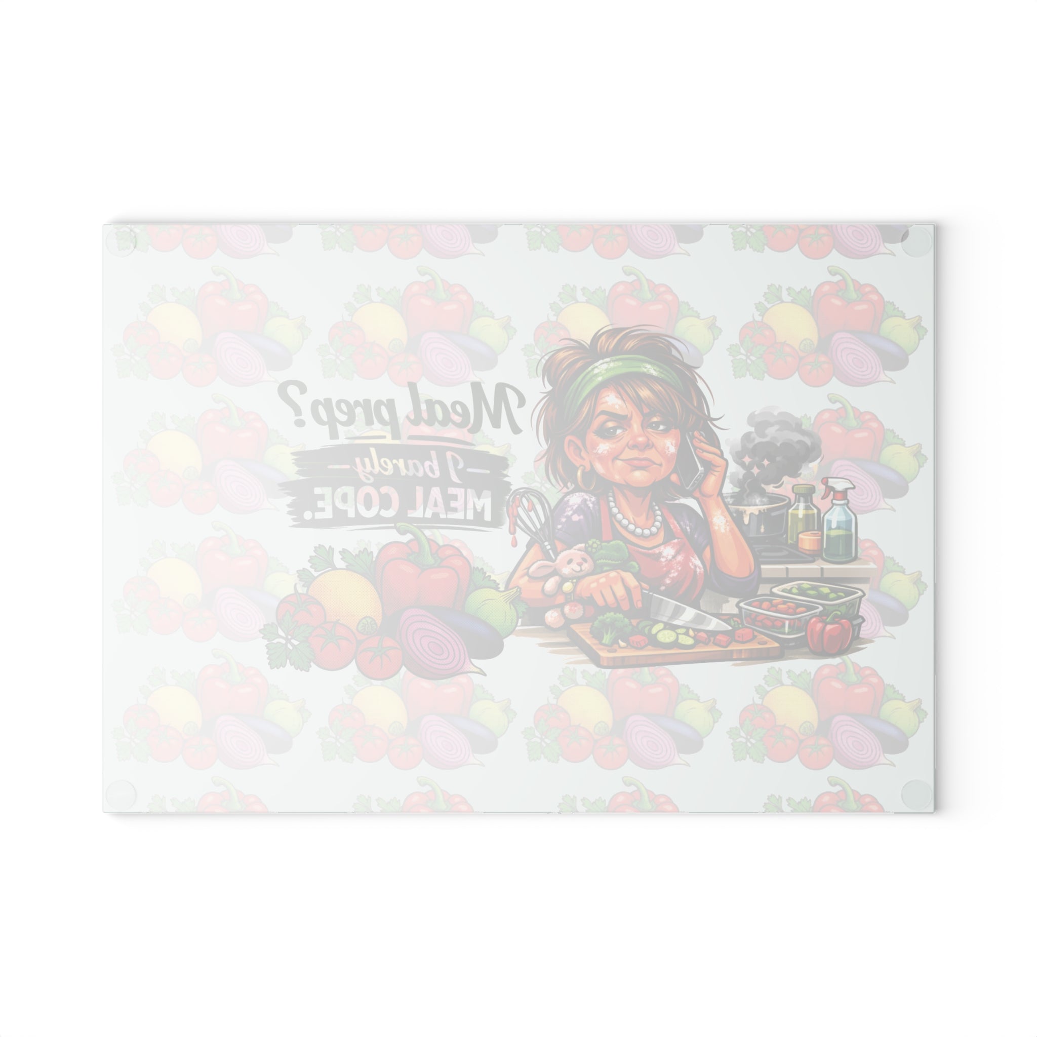 Glass Cutting Board – Funny Meal Prep Kitchen Board: “Meal prep? I barely meal cope.” Vegetable Design