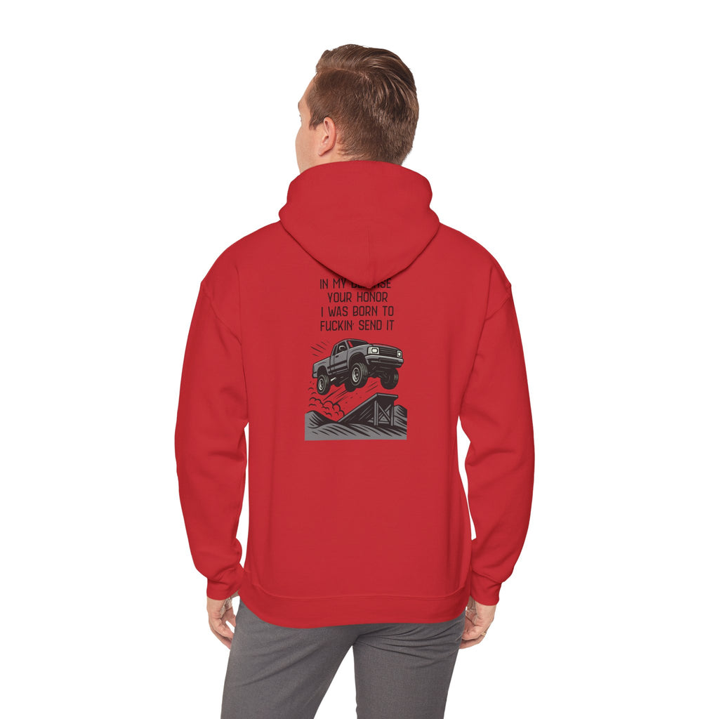 Hoodie — "In My Defense Your Honor" Truck Jump Graphic Pullover