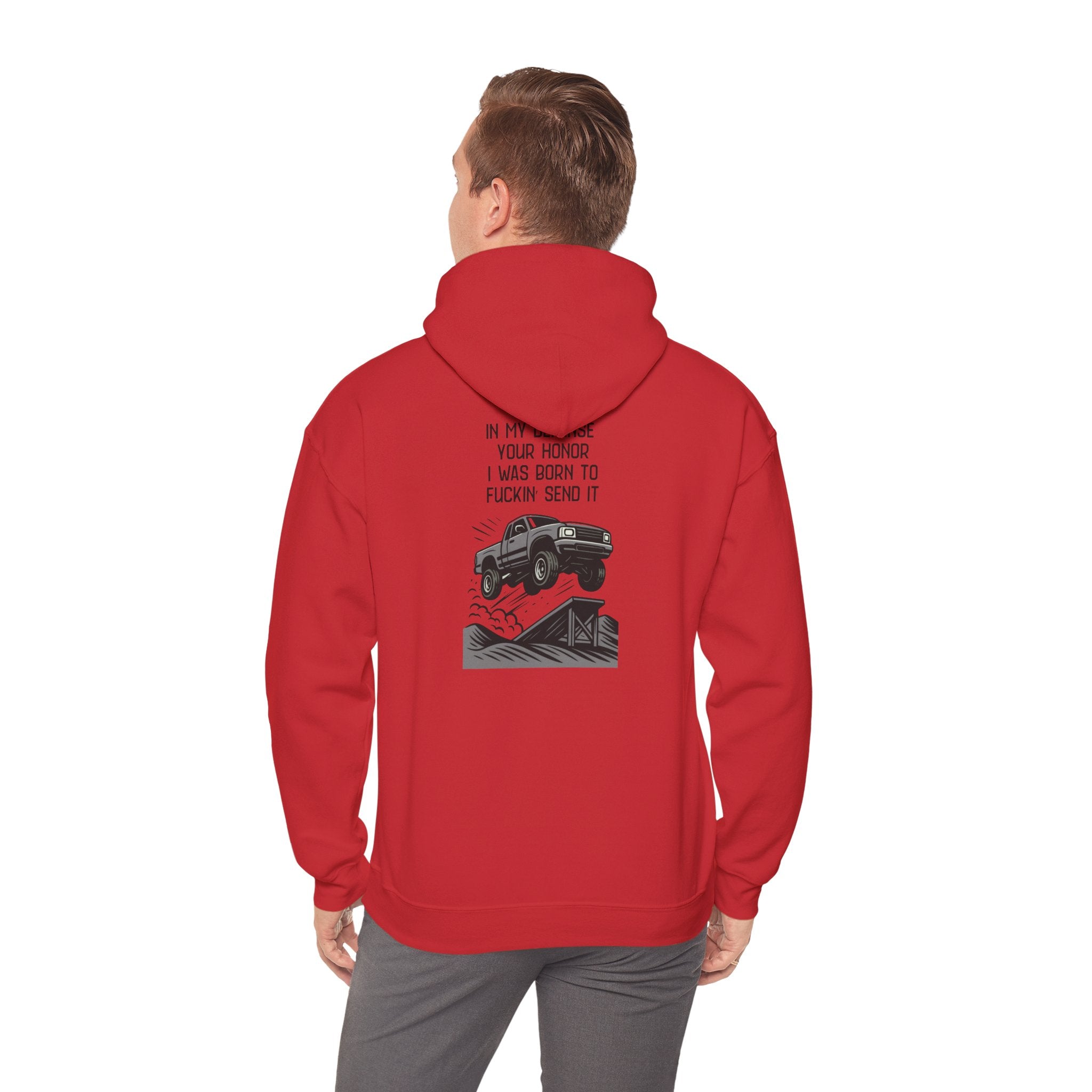 Hoodie — "In My Defense Your Honor" Truck Jump Graphic Pullover