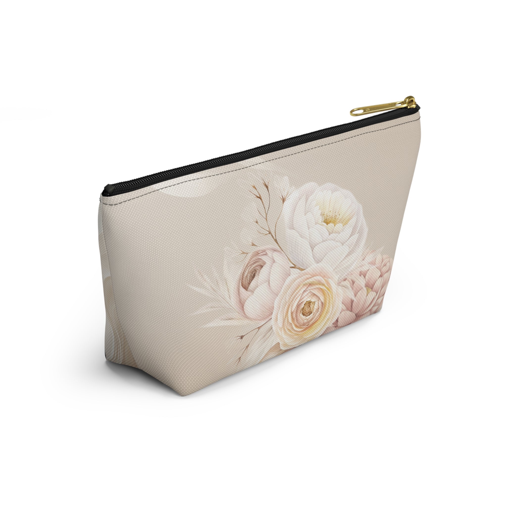 Neutral Tone Bride Floral Accessory Pouch — Bridal Makeup Bag with T‑Bottom