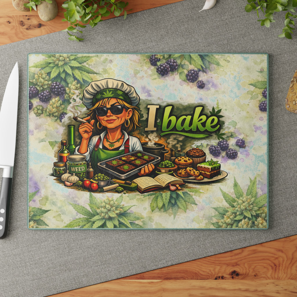 Glass Cutting Board — "I Bake" Weed-Themed Decorative Glass Chopping Board