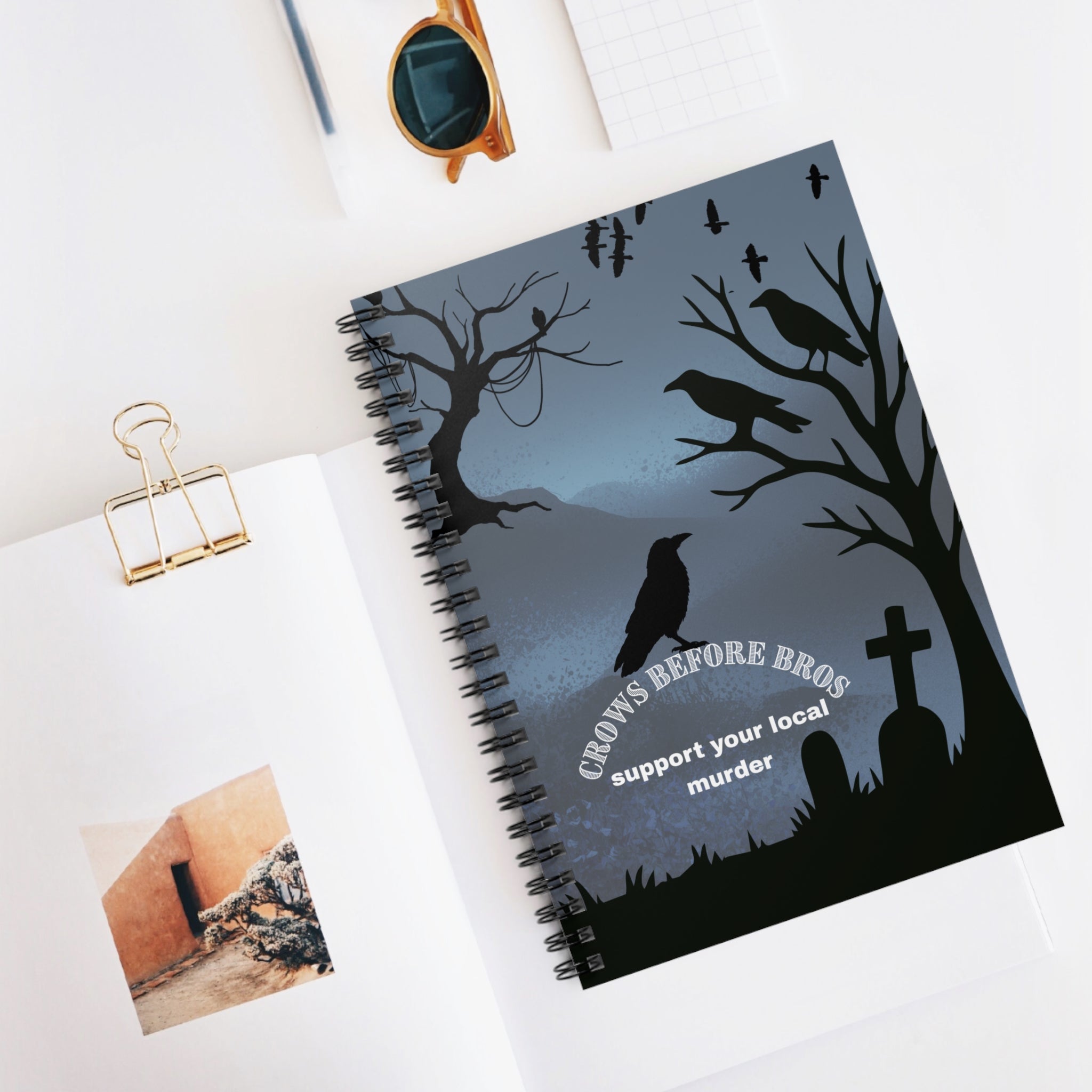 Notebook — "Crows Before Bros: Support Your Local Murder" Spiral Journal (Gothic Graveyard)