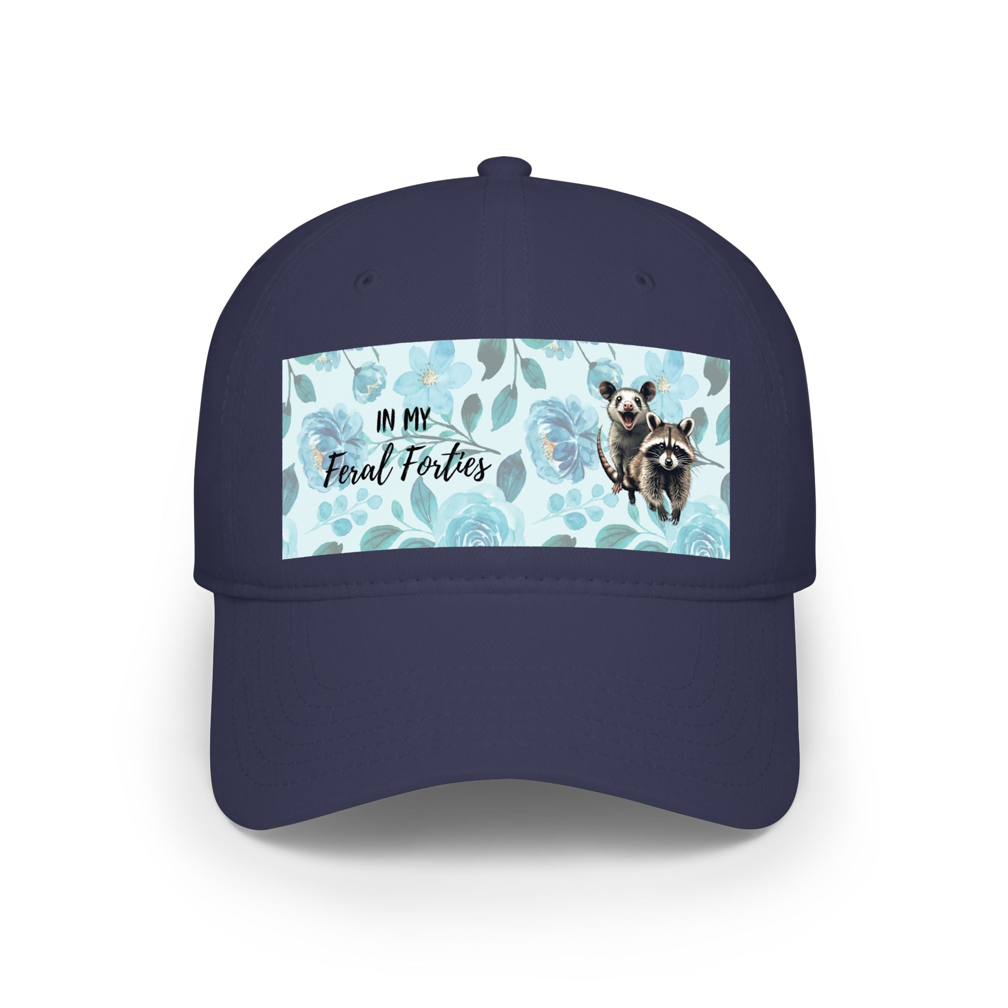 Baseball Cap - "In My Feral Forties" Floral Design with Raccoon & Possum Illustration