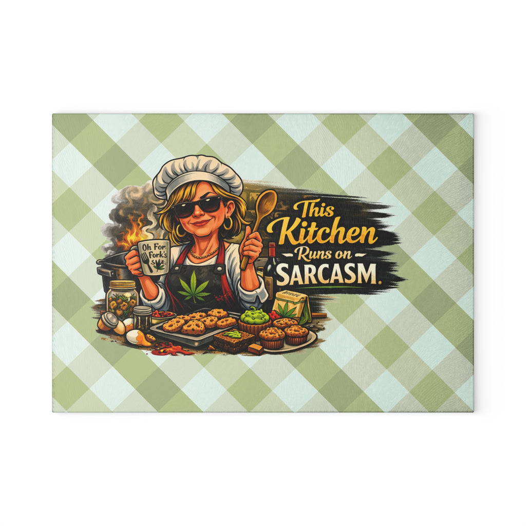 Glass Cutting Board — "This Kitchen Runs on Sarcasm" Green Gingham Funny Chef Design
