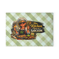 Glass Cutting Board — "This Kitchen Runs on Sarcasm" Green Gingham Funny Chef Design