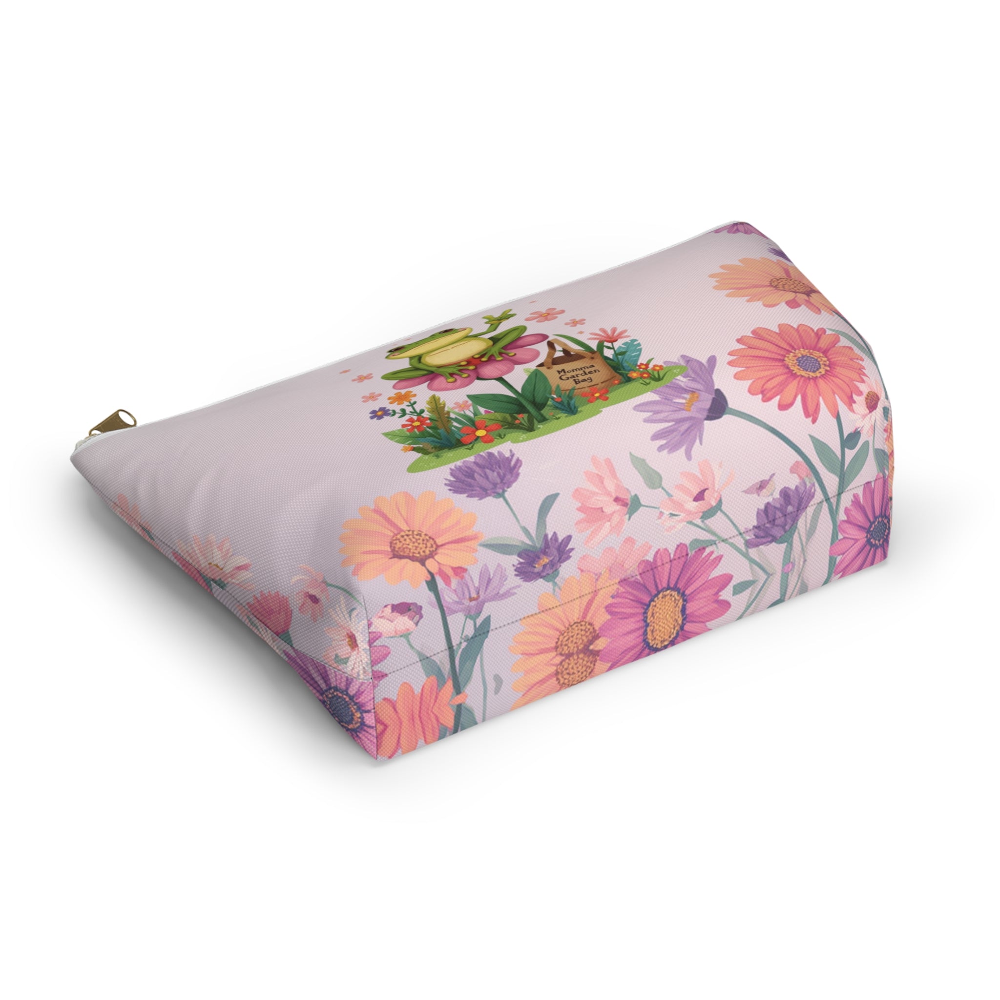Frog in Bloom "Momma's Garden Bag" Floral Accessory Pouch — Cute Zippered Bag with T‑Bottom