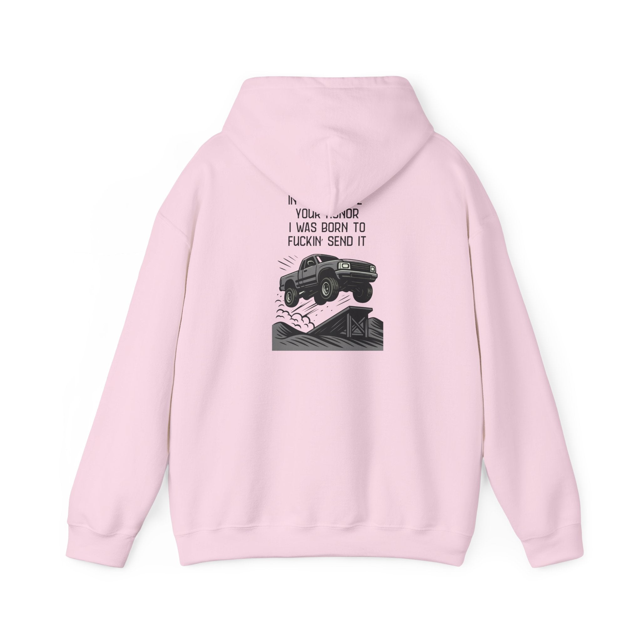 Hoodie — "In My Defense Your Honor" Truck Jump Graphic Pullover
