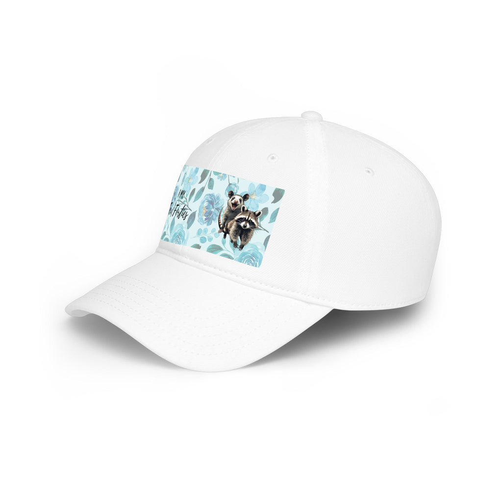 Baseball Cap - "In My Feral Forties" Floral Design with Raccoon & Possum Illustration