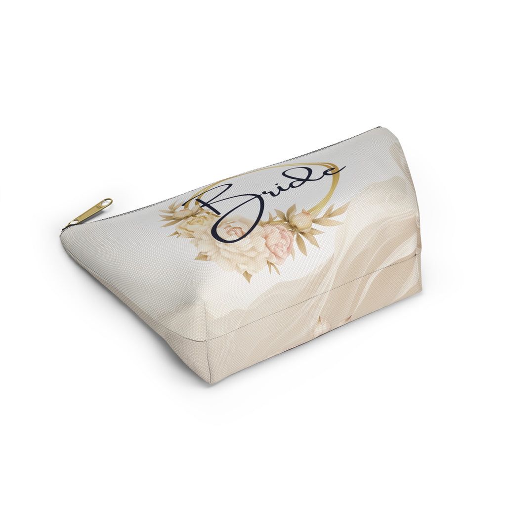 Neutral Tone Bride Floral Accessory Pouch — Bridal Makeup Bag with T‑Bottom