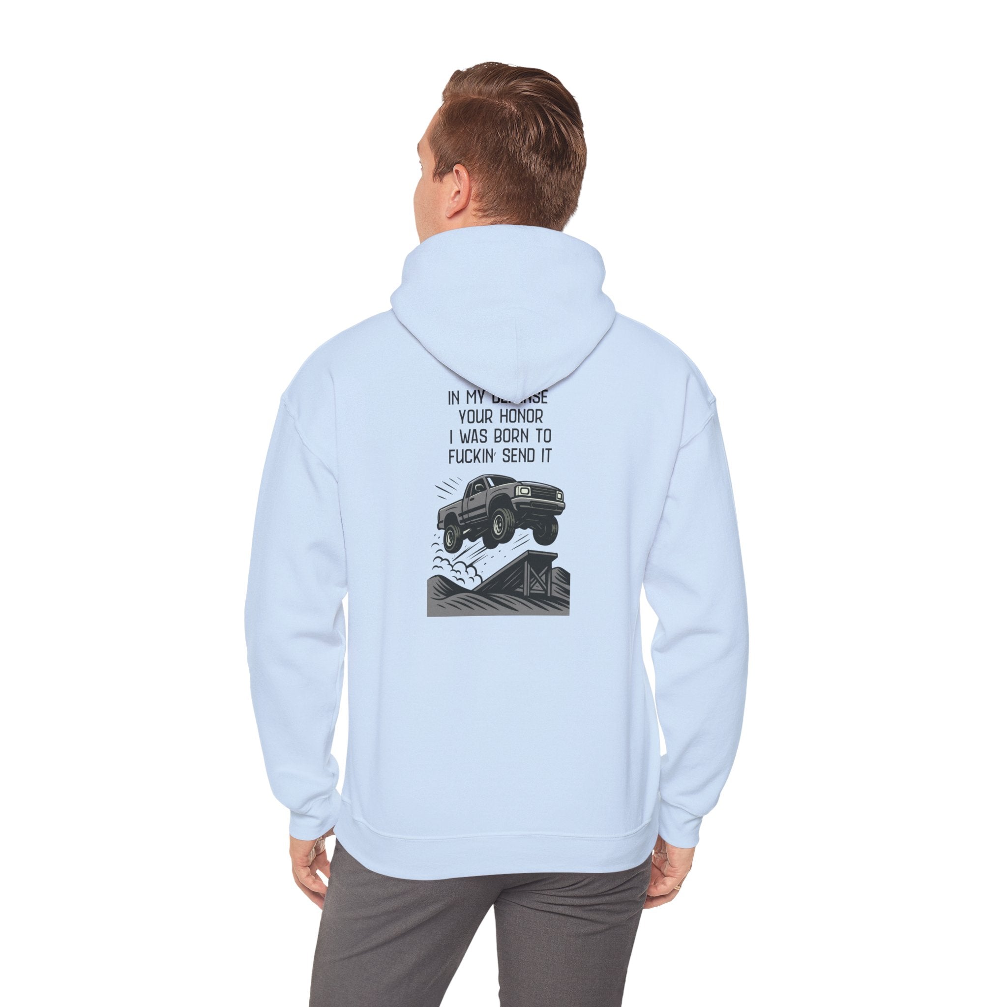 Hoodie — "In My Defense Your Honor" Truck Jump Graphic Pullover