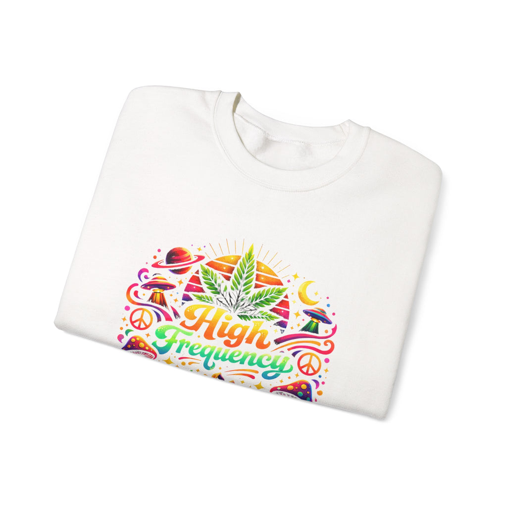 High Frequency Graphic Sweatshirt — Colorful Cannabis Leaf Vibe