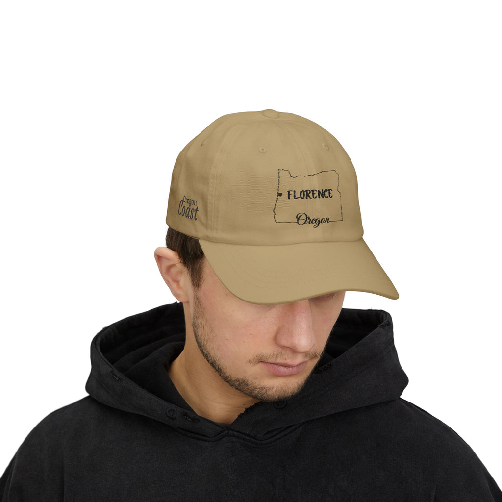 Florence Oregon Outline Dad Cap — Minimal State Map Baseball Hat