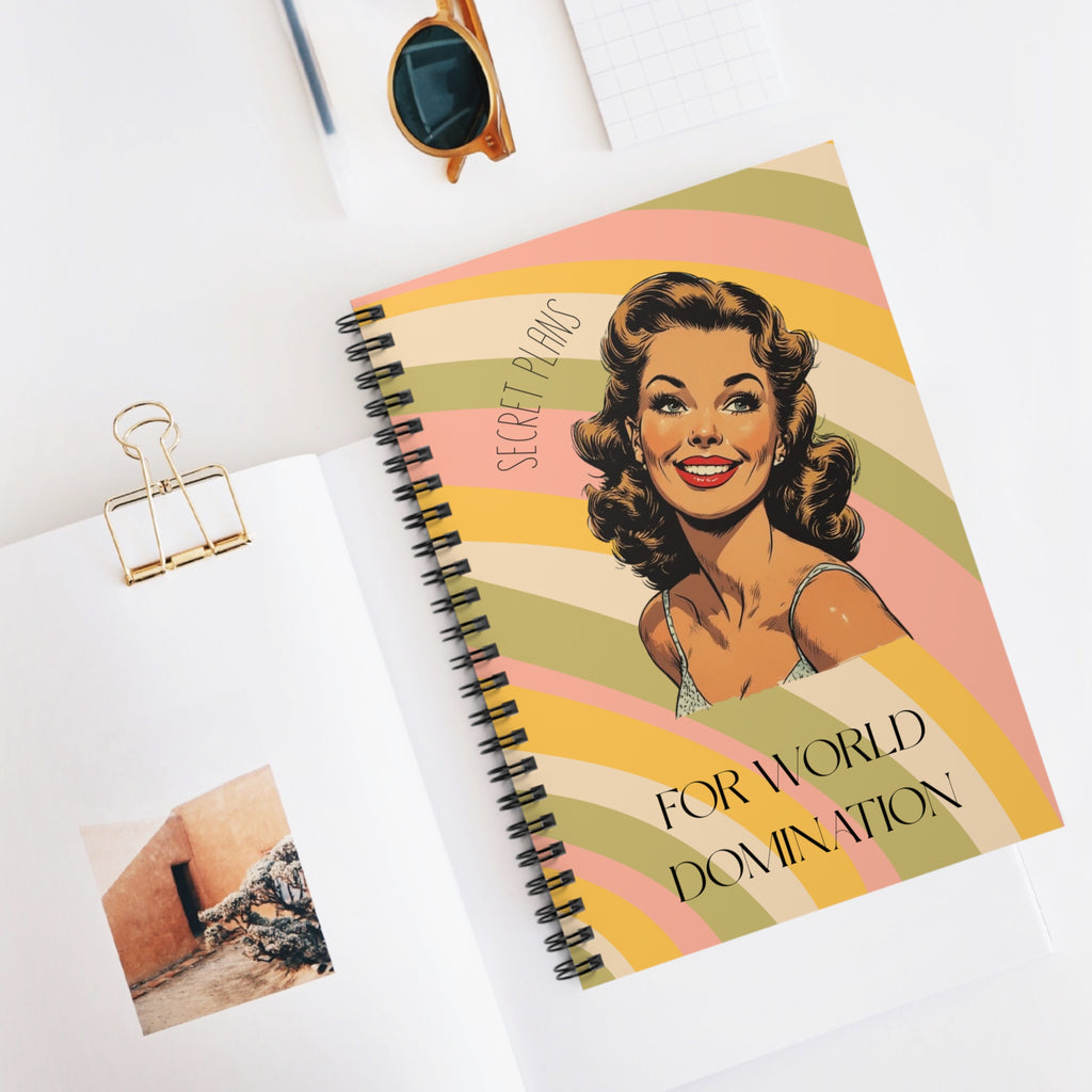 Ruled Spiral Notebook - "Secret Plans for World Domination" Retro Pinup Journal