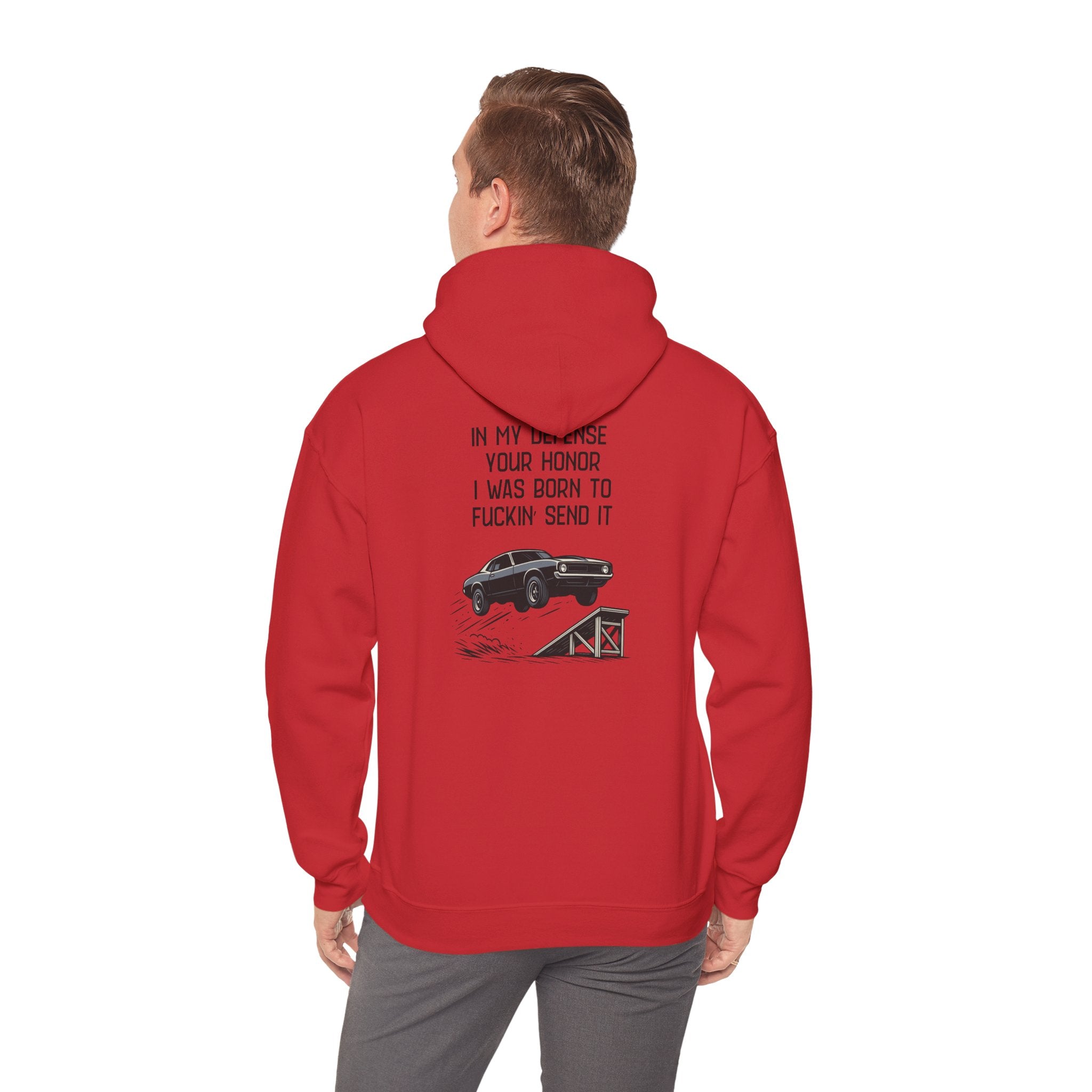 Hoodie — "In My Defense Your Honor I Was Born to Fuckin' Send It" Graphic Hoodie
