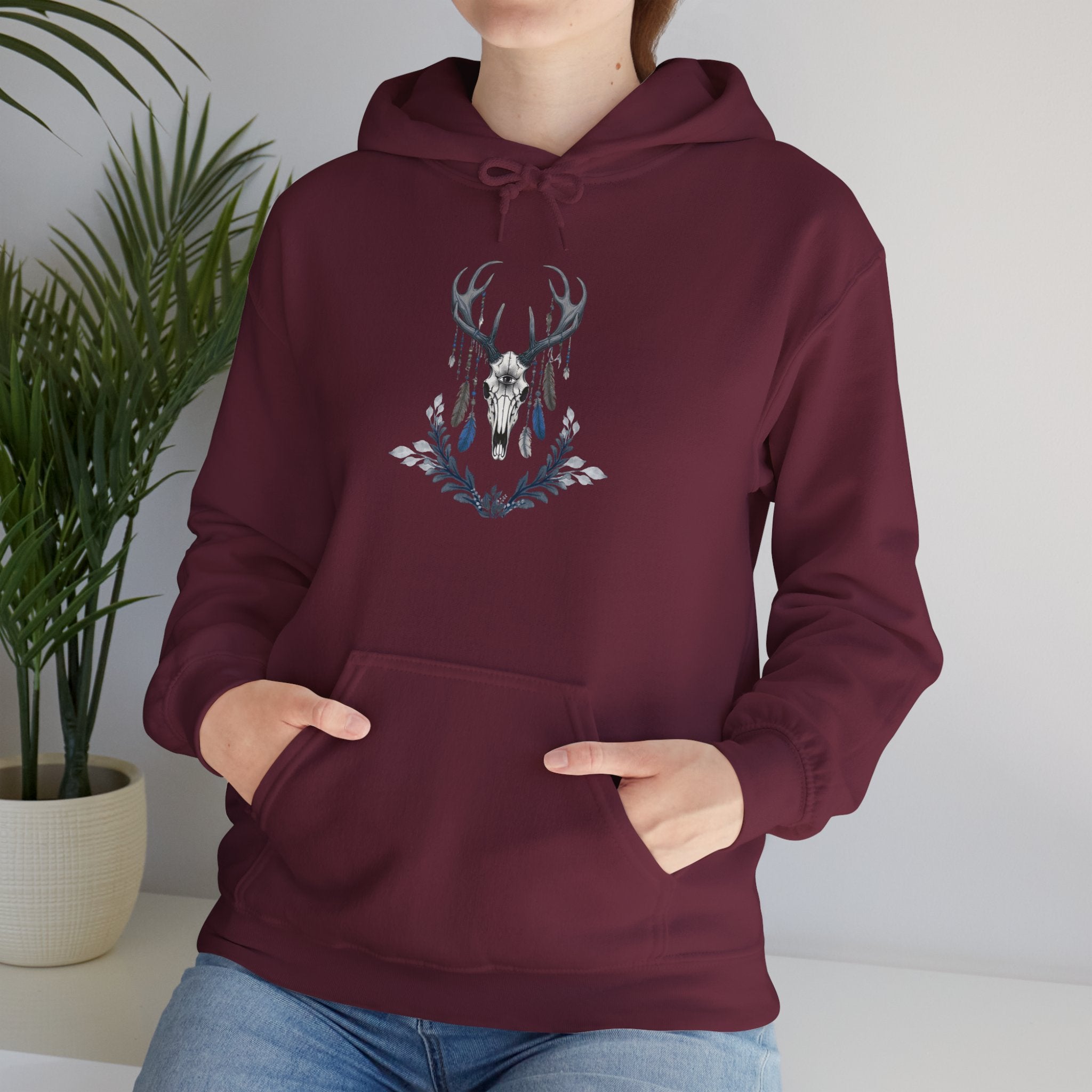 Deer Antler Floral Hoodie – Woodland Nature Graphic Sweatshirt