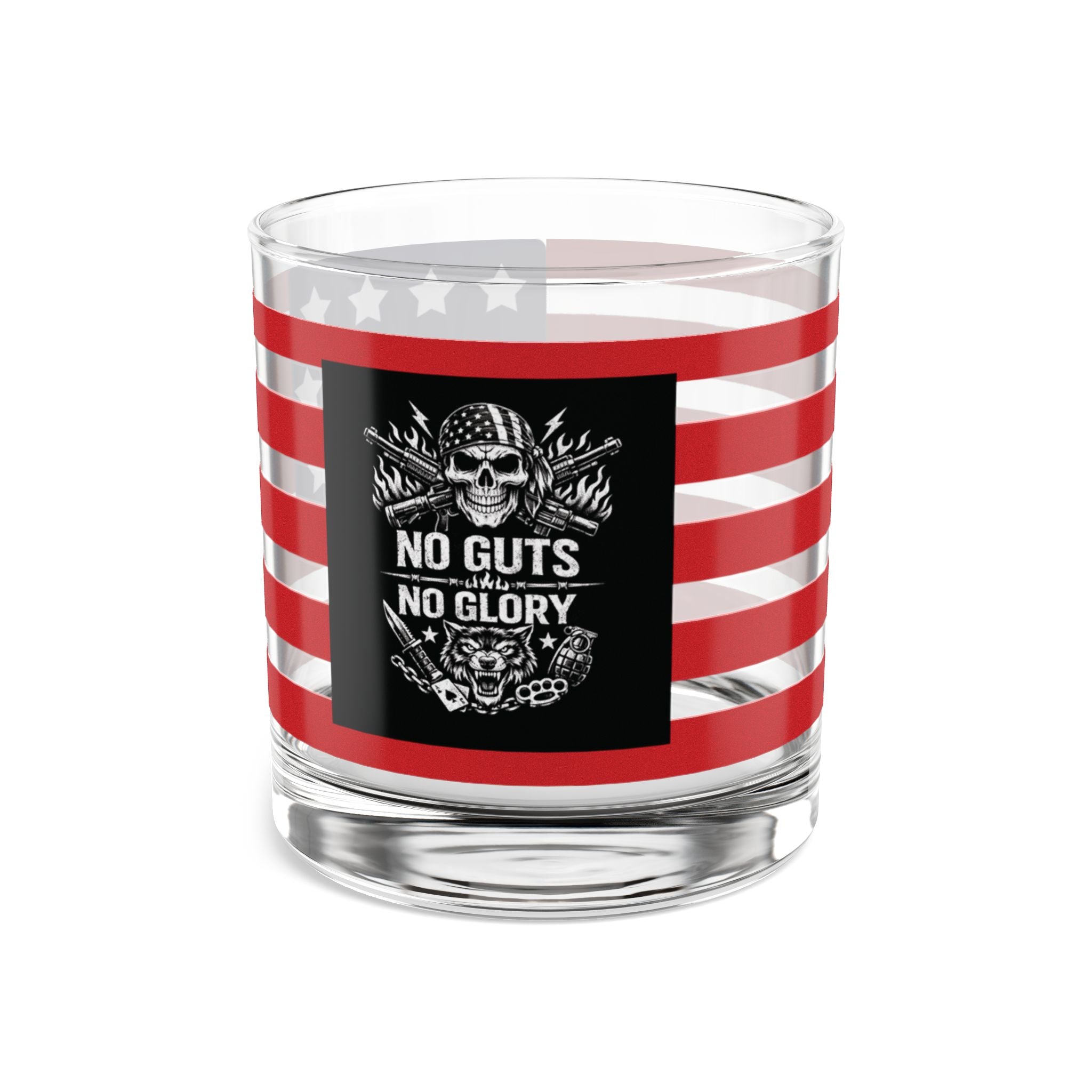 American Flag Rocks Glass – "No Guts No Glory" Skull Whiskey Glass (10 oz)