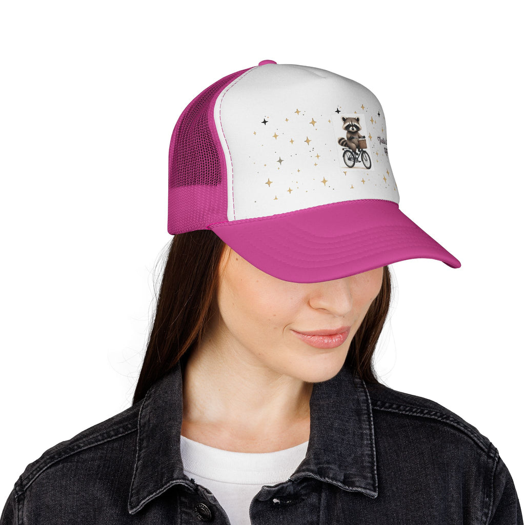 Trucker Cap — Cute Raccoon on Bike with 'Trouble Ain't Gonna Start Itself' Graphic