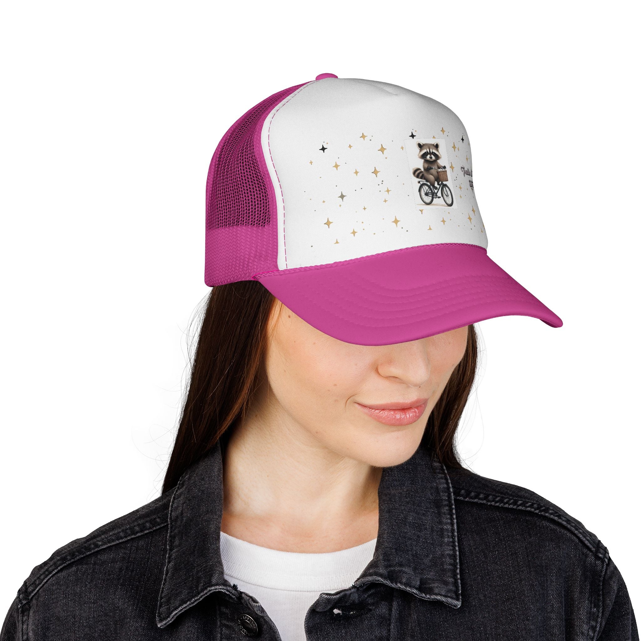 Trucker Cap — Cute Raccoon on Bike with 'Trouble Ain't Gonna Start Itself' Graphic