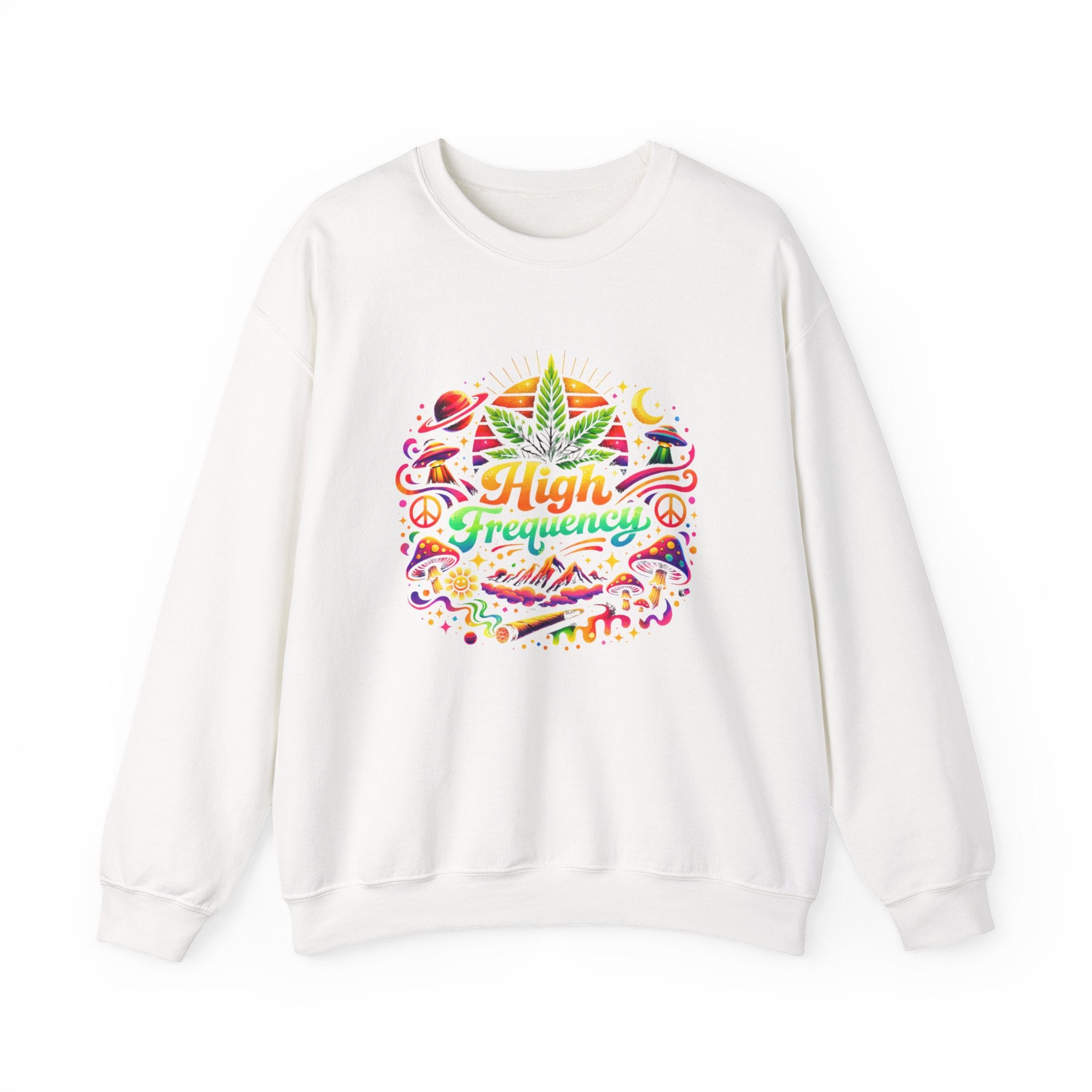 High Frequency Graphic Sweatshirt — Colorful Cannabis Leaf Vibe