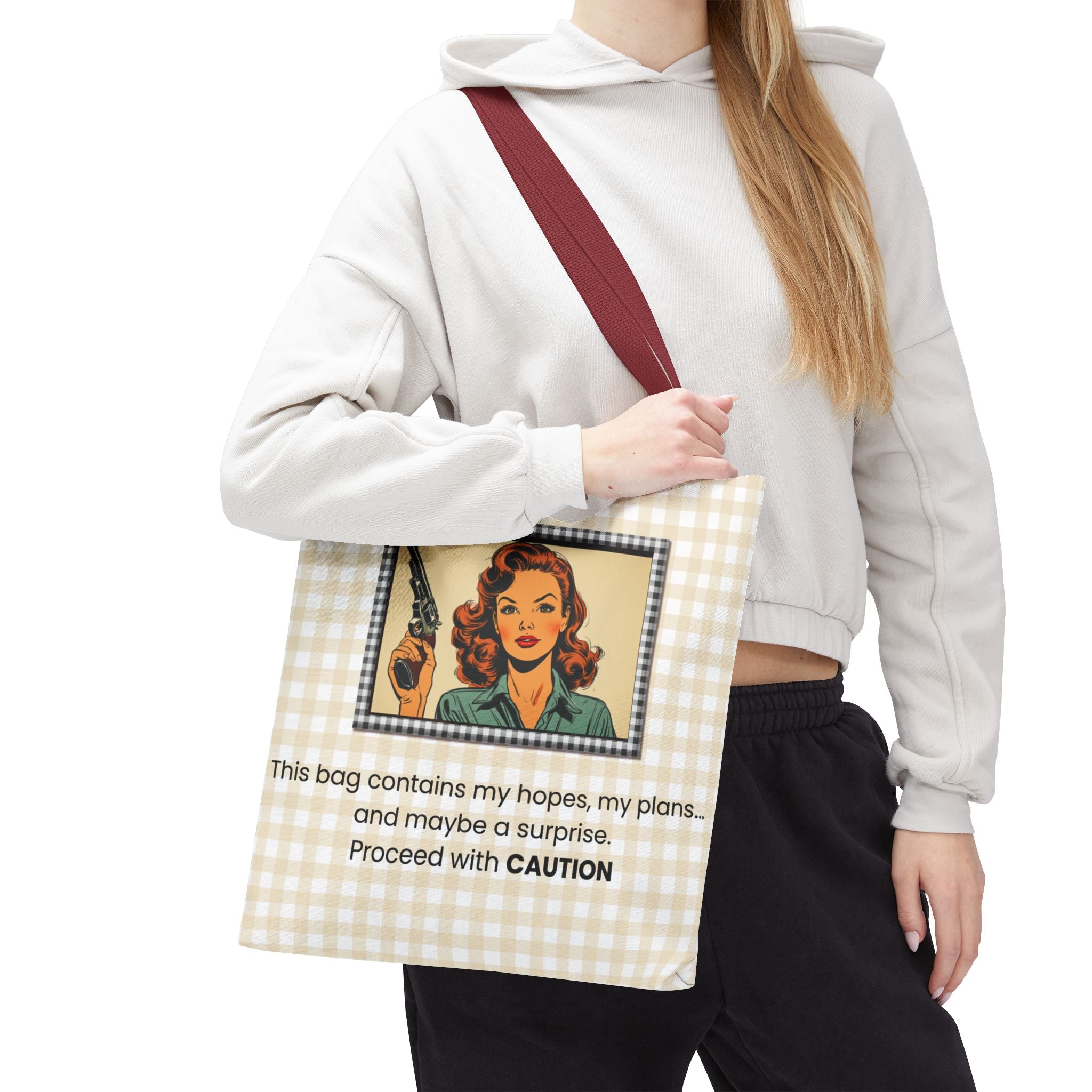 Retro Warning Tote Bag — "This bag contains my hopes, my plans, and maybe a surprise. Proceed with CAUTION"