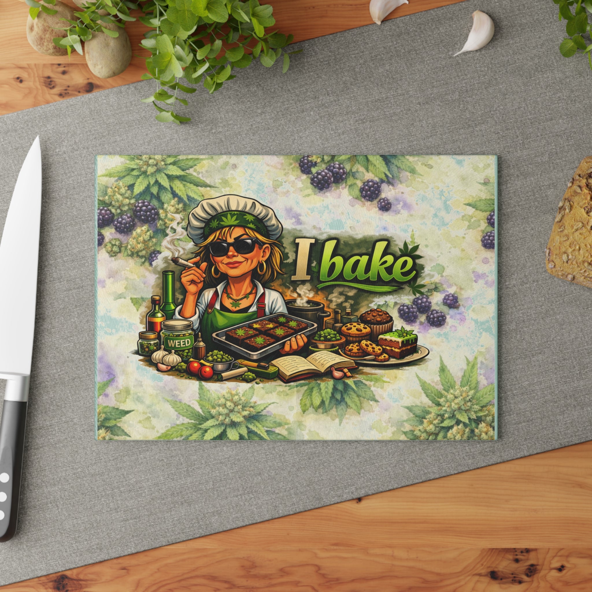 Glass Cutting Board — "I Bake" Weed-Themed Decorative Glass Chopping Board