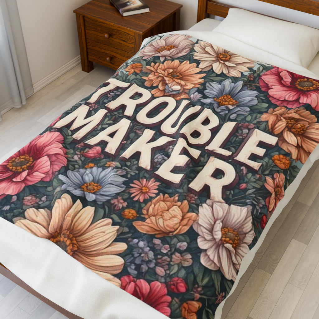 Trouble Maker Velveteen Plush Blanket — Floral Retro Typography Throw