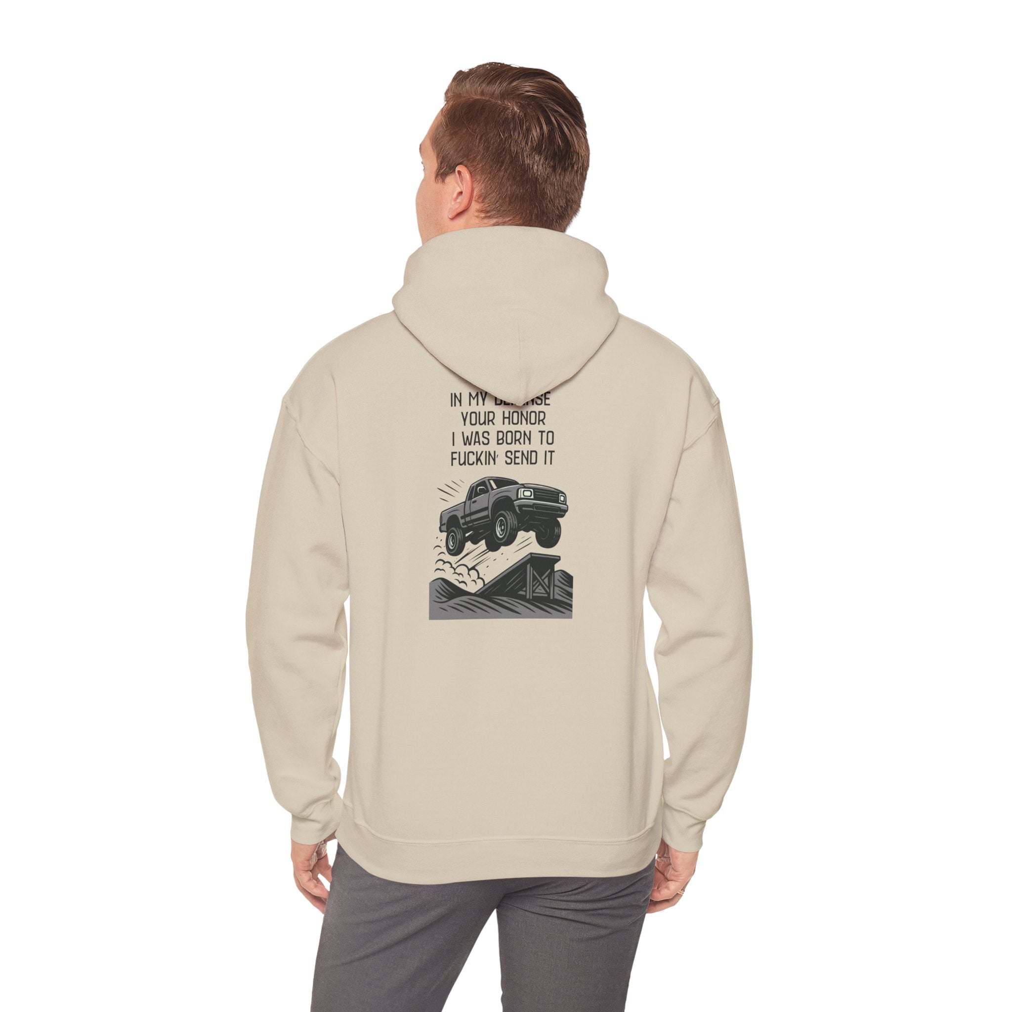 Hoodie — "In My Defense Your Honor" Truck Jump Graphic Pullover