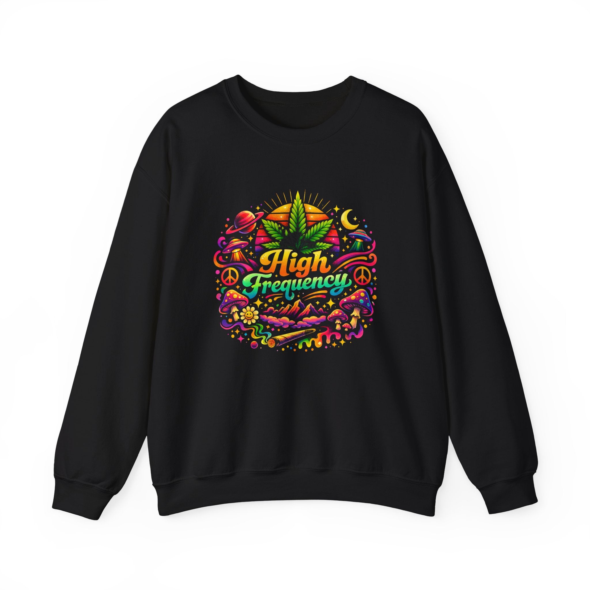 High Frequency Graphic Sweatshirt — Colorful Cannabis Leaf Vibe