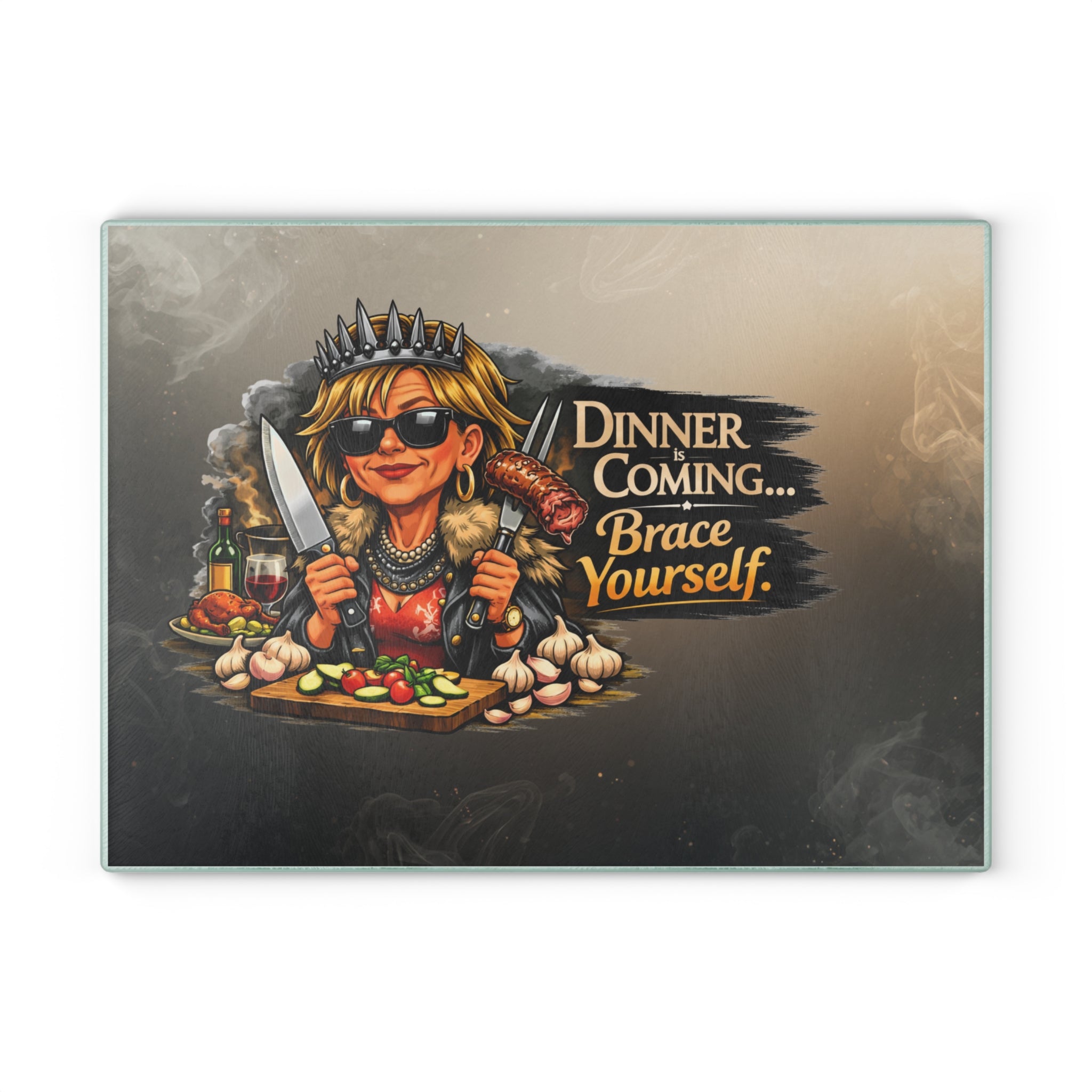 Glass Cutting Board — "Dinner is Coming… Brace Yourself" Kitchen Cutting Board