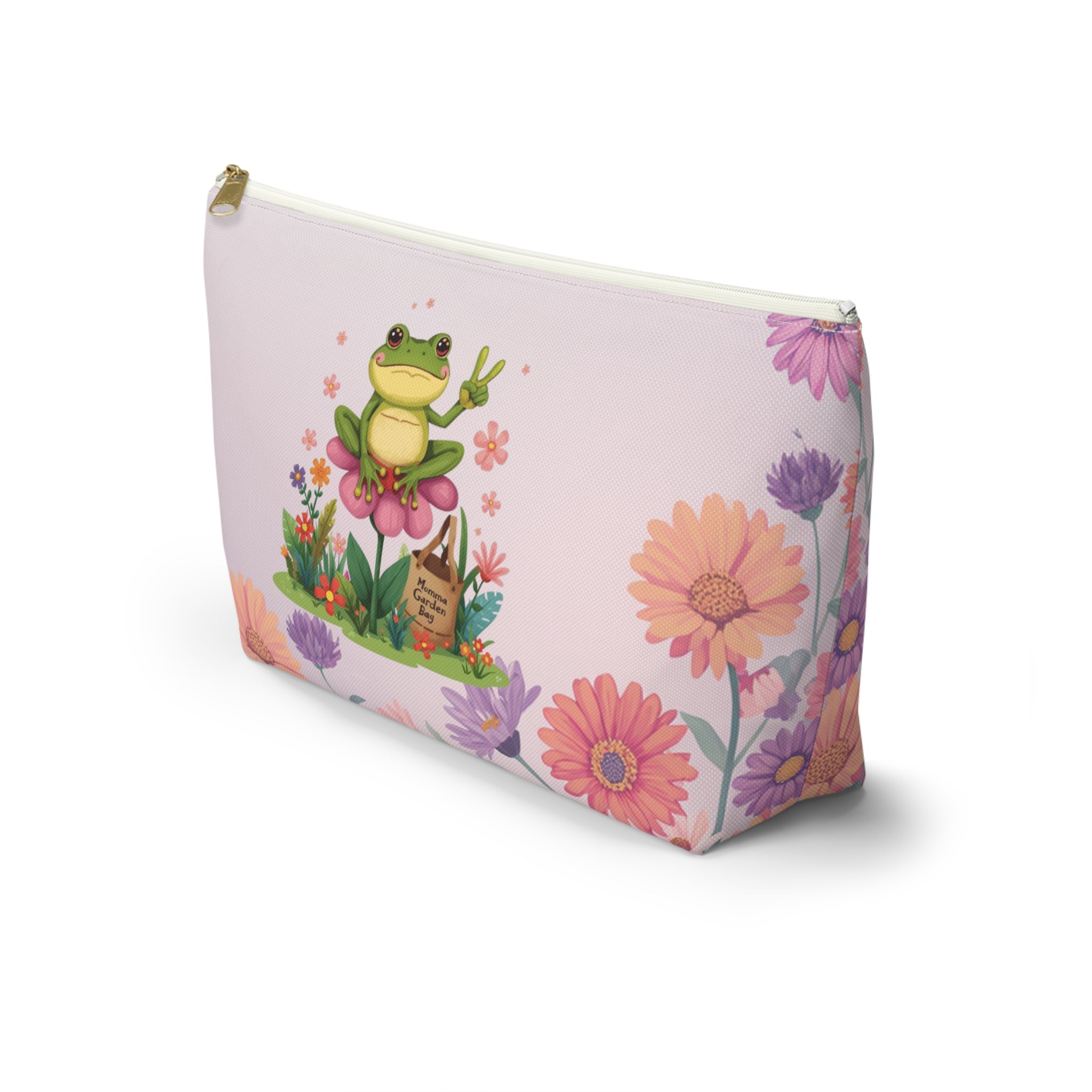 Frog in Bloom "Momma's Garden Bag" Floral Accessory Pouch — Cute Zippered Bag with T‑Bottom