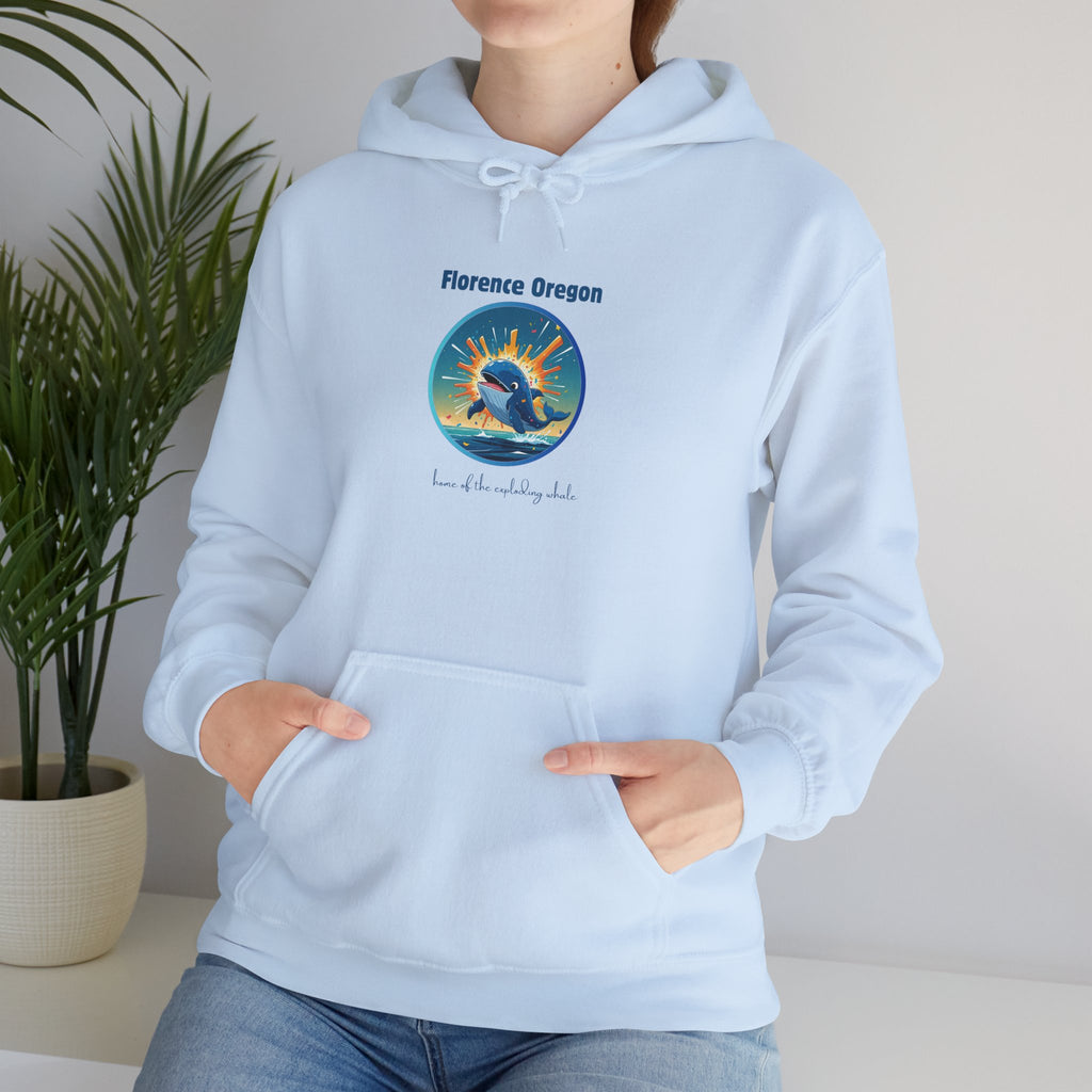 Florence Oregon Exploding Whale Hoodie — Scenic Beach Sunset Graphic Hooded Sweatshirt