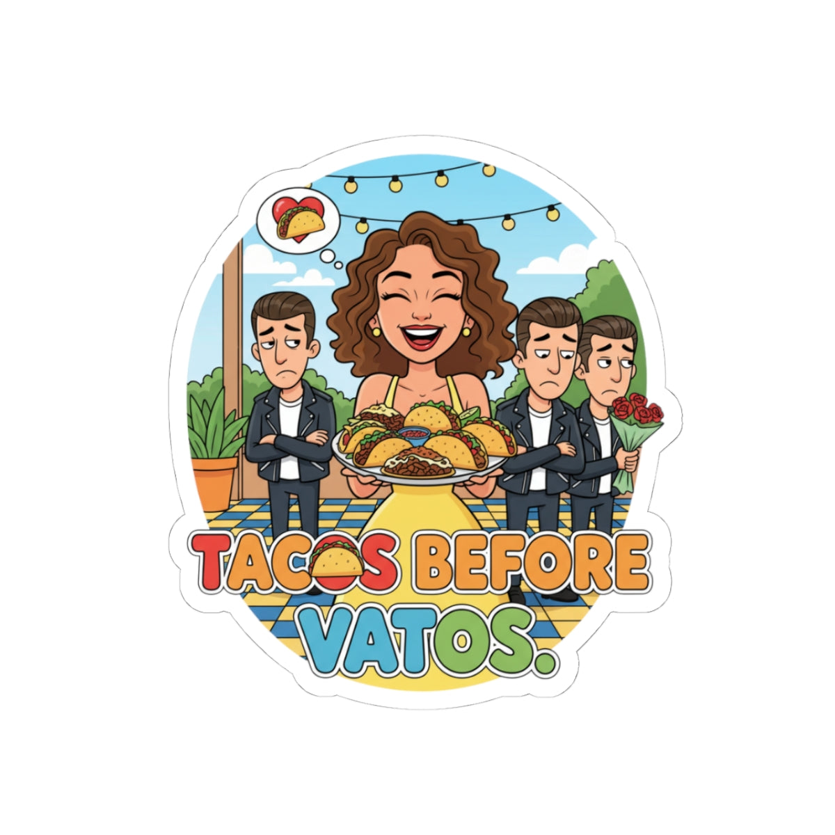Kiss-Cut Sticker — "Tacos Before Vatos" Funny Foodie Sticker for Laptops, Water Bottles & Gifts