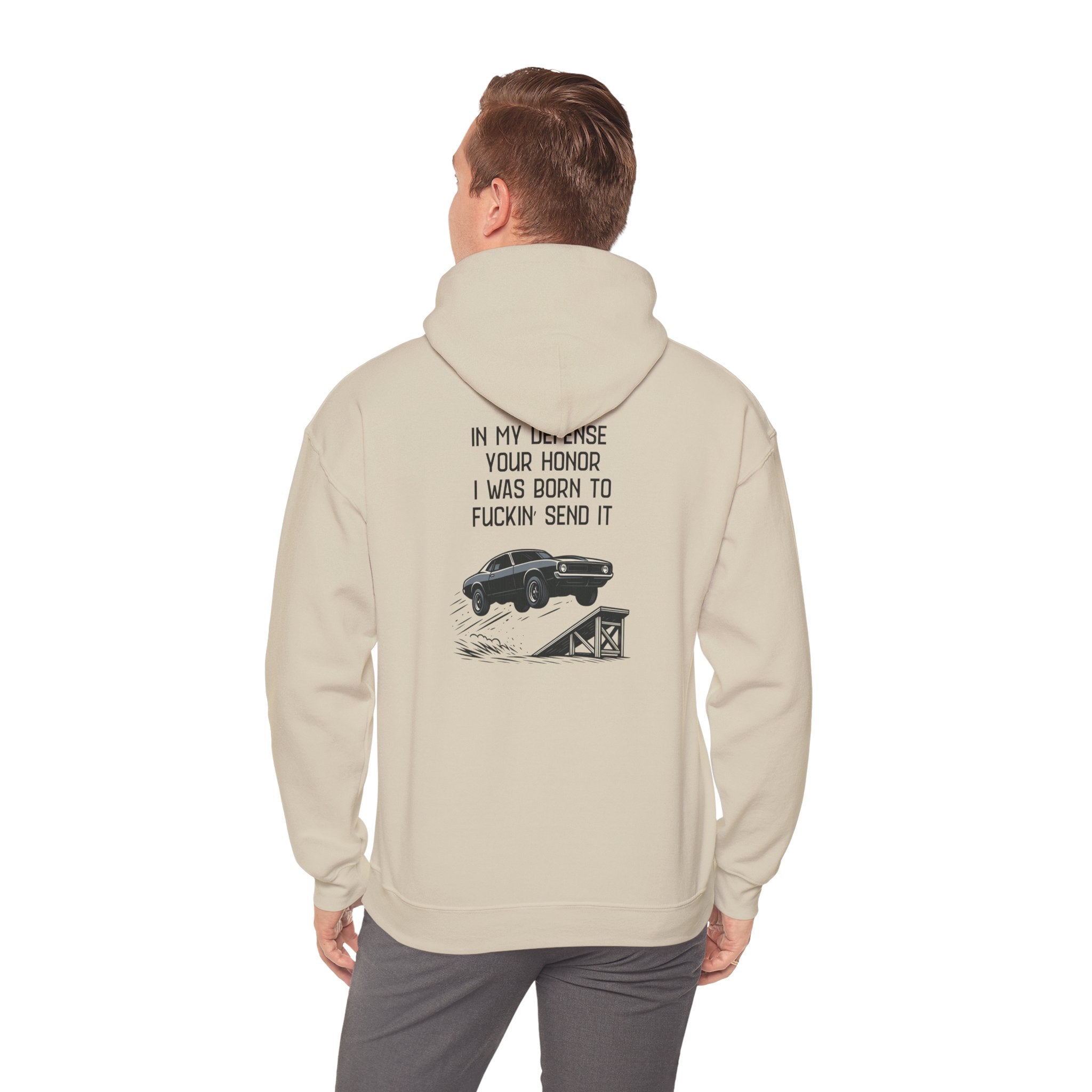 Hoodie — "In My Defense Your Honor I Was Born to Fuckin' Send It" Graphic Hoodie