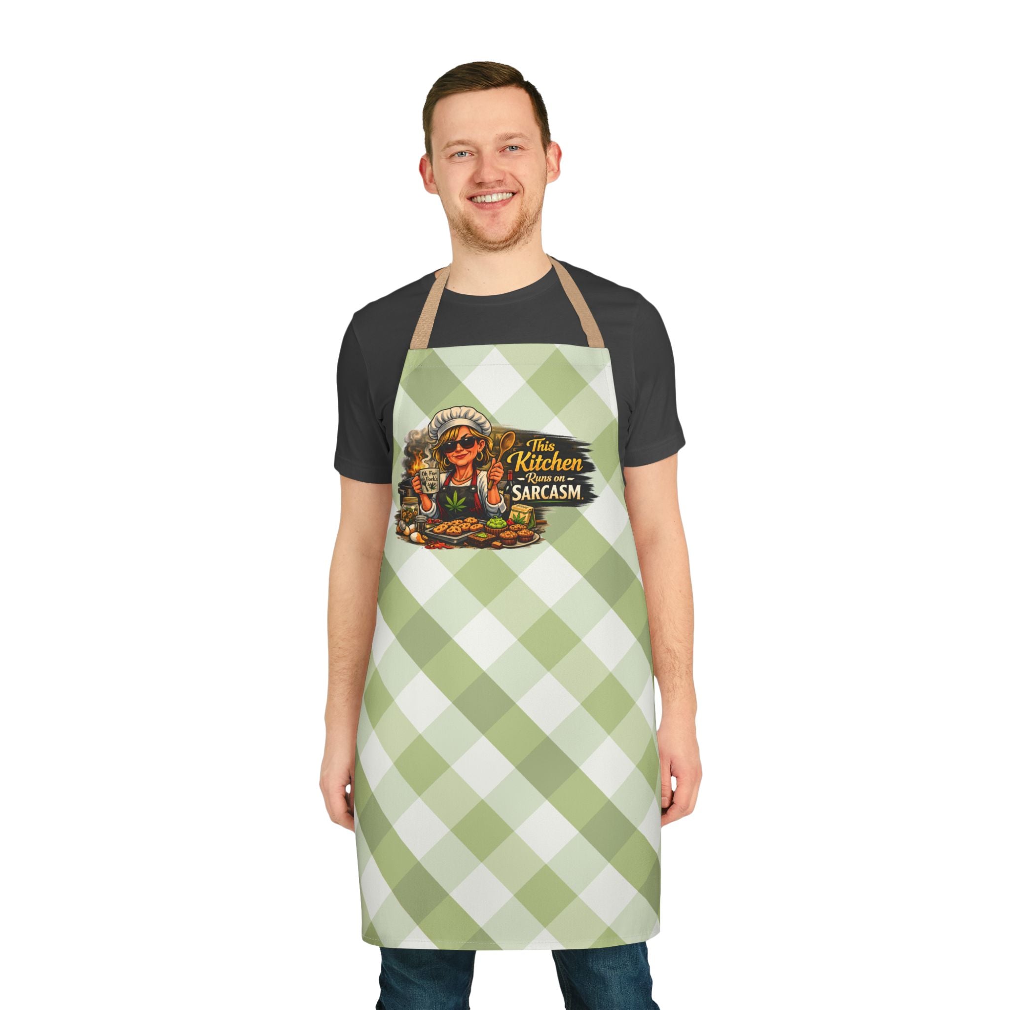Apron "This Kitchen Runs on Sarcasm" – Plaid Chef Apron for Home Cooks & Gift Giving