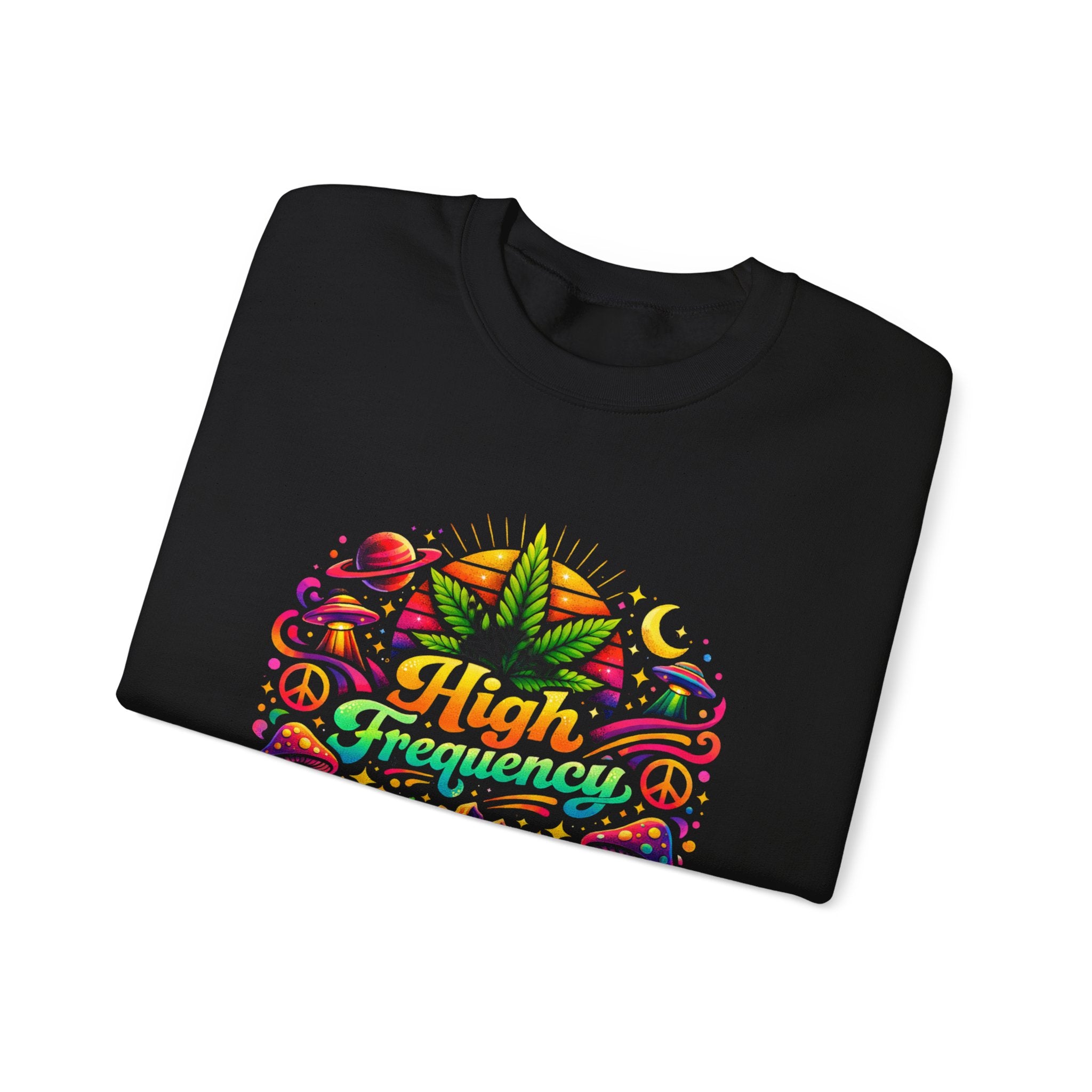 High Frequency Graphic Sweatshirt — Colorful Cannabis Leaf Vibe