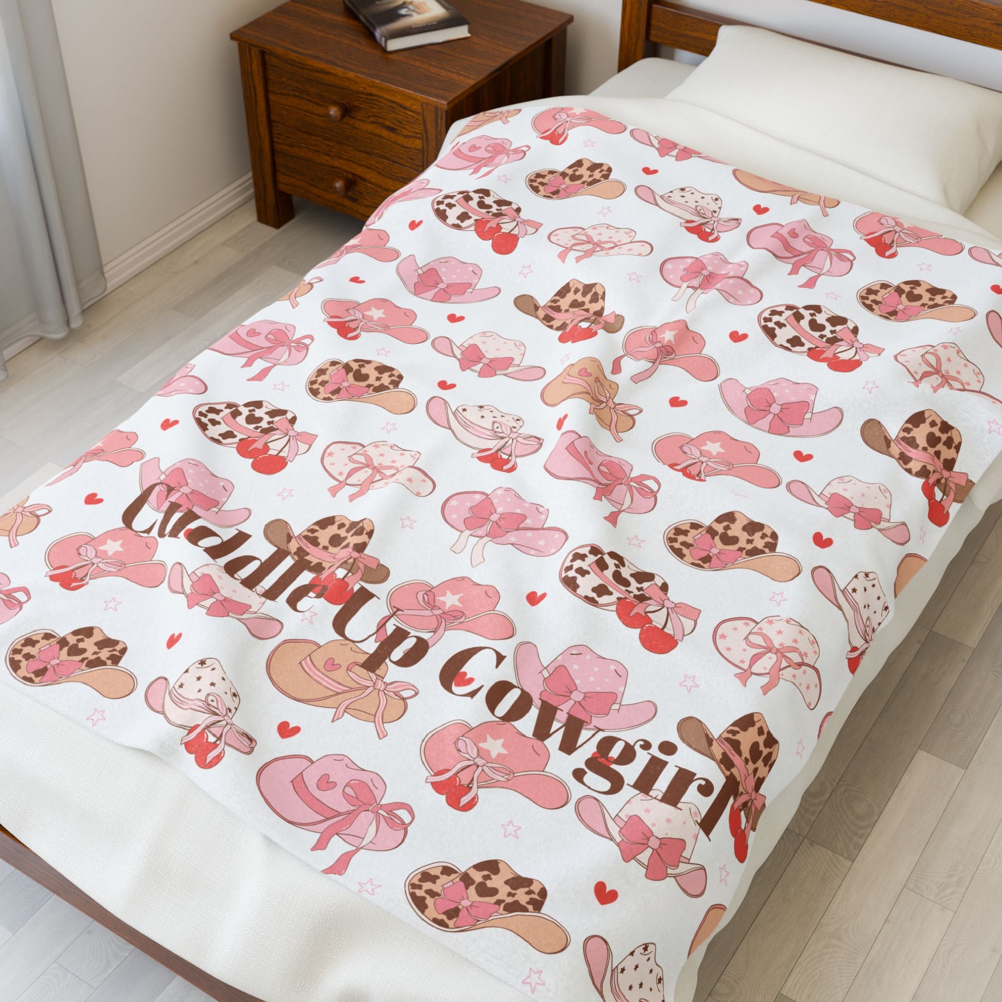 Cuddle Up Cowgirl Velveteen Plush Blanket — Pink Cowgirl Hat Pattern Cozy Throw