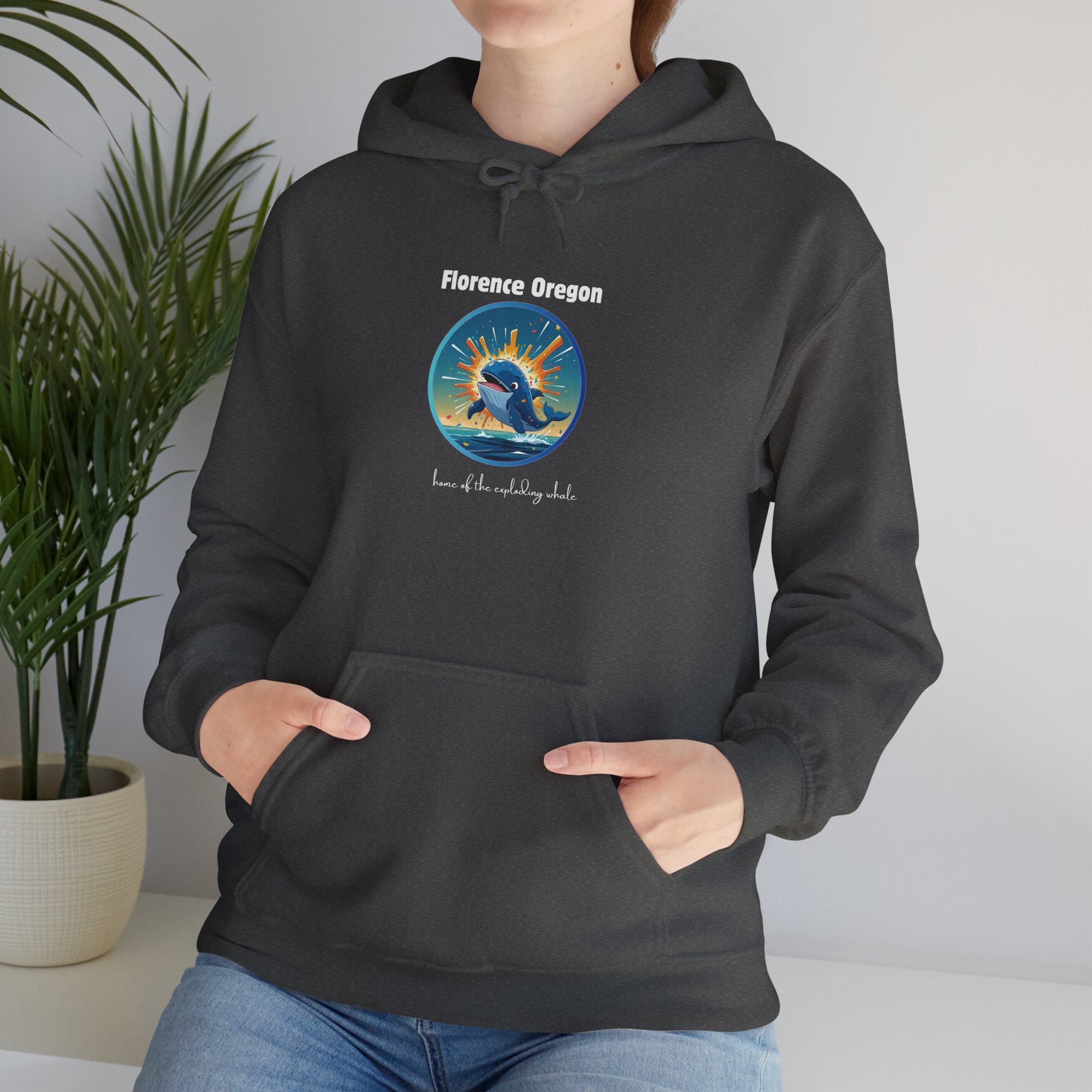 Florence Oregon Exploding Whale Hoodie — Scenic Beach Sunset Graphic Hooded Sweatshirt