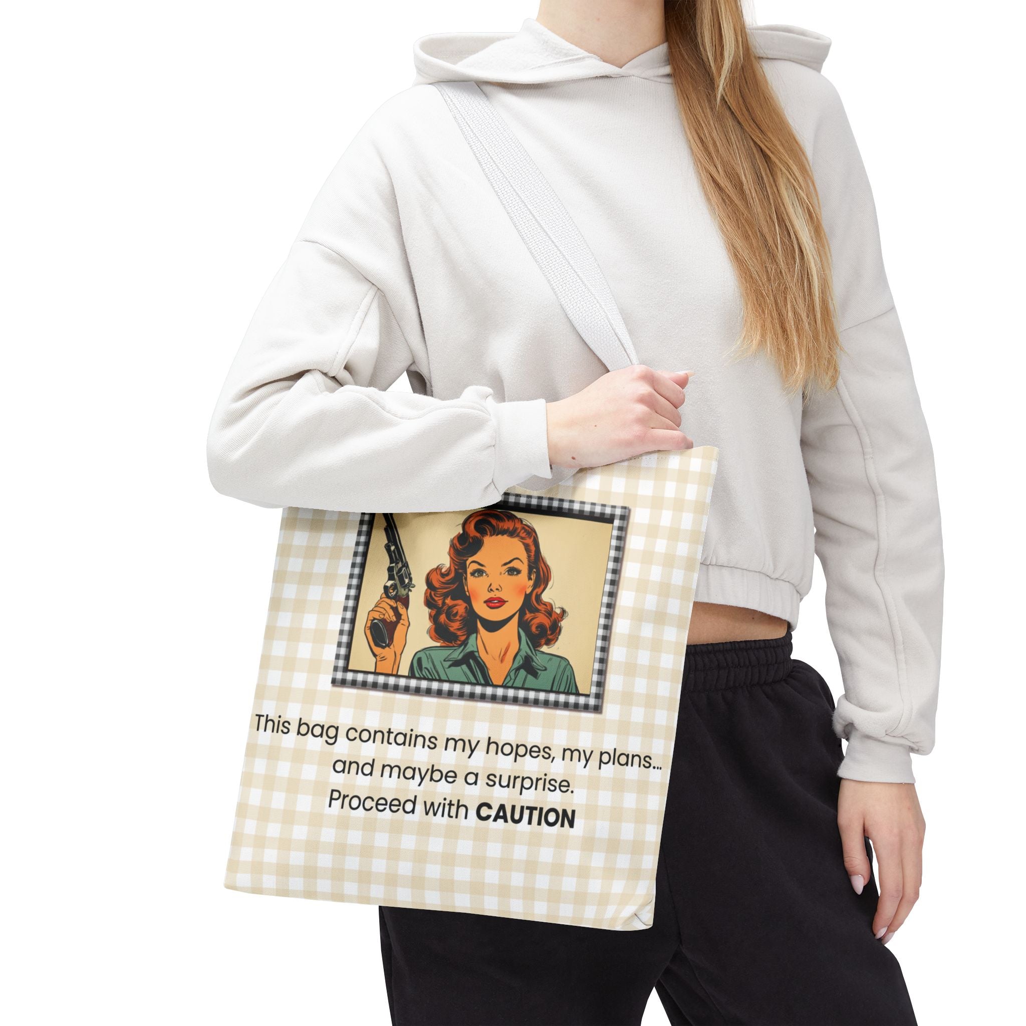 Retro Warning Tote Bag — "This bag contains my hopes, my plans, and maybe a surprise. Proceed with CAUTION"