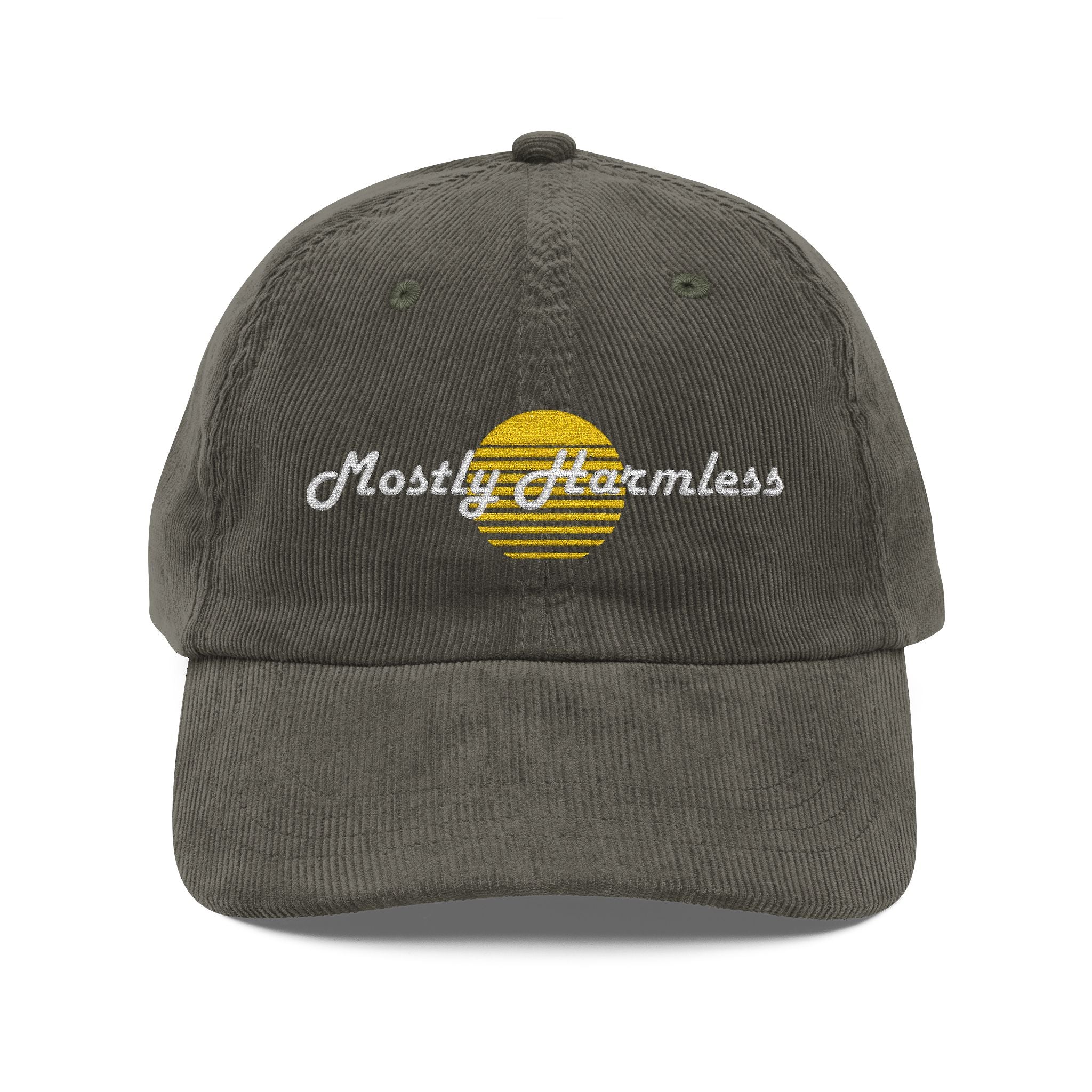Mostly Harmless Embroidered Corduroy Cap — Vintage Sunset Baseball Hat