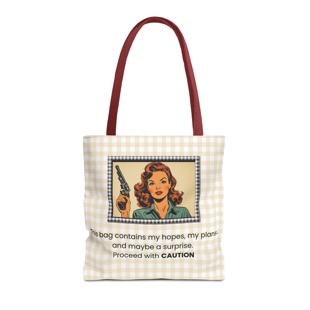 Retro Warning Tote Bag — "This bag contains my hopes, my plans, and maybe a surprise. Proceed with CAUTION"