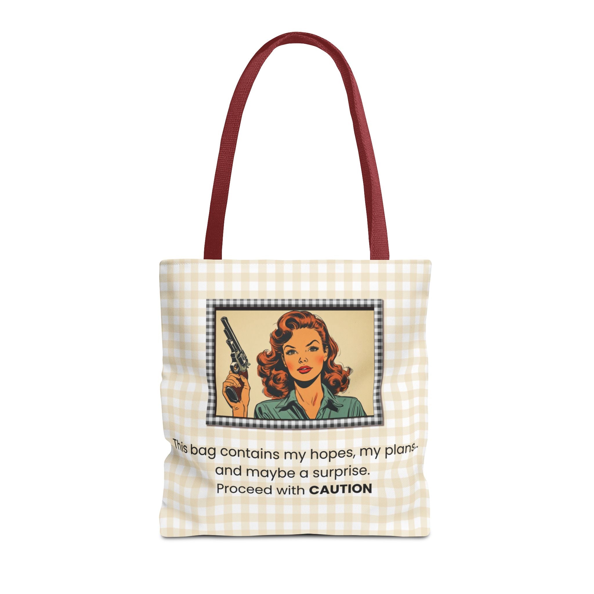Retro Warning Tote Bag — "This bag contains my hopes, my plans, and maybe a surprise. Proceed with CAUTION"