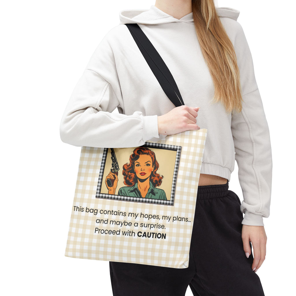 Retro Warning Tote Bag — "This bag contains my hopes, my plans, and maybe a surprise. Proceed with CAUTION"