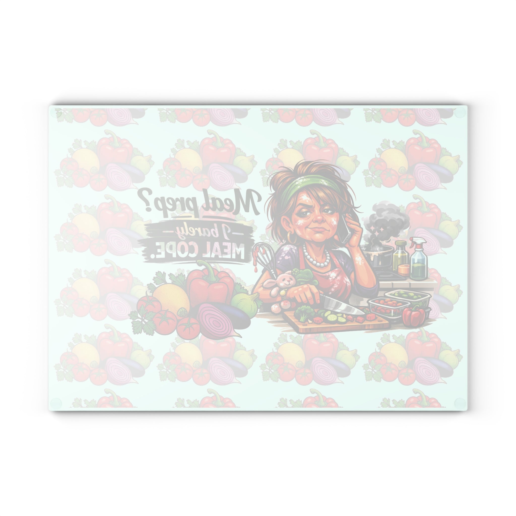 Glass Cutting Board – Funny Meal Prep Kitchen Board: “Meal prep? I barely meal cope.” Vegetable Design