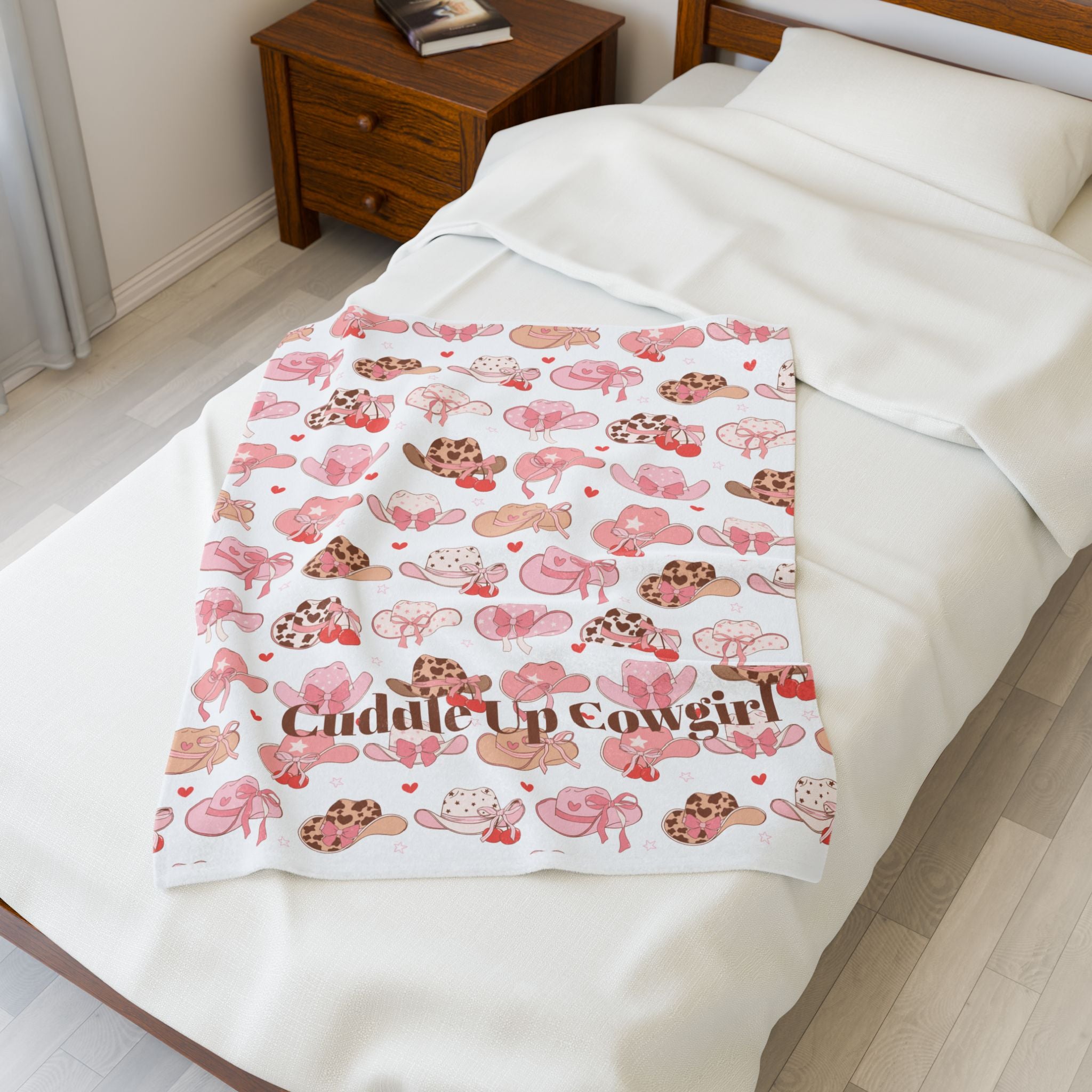 Cuddle Up Cowgirl Velveteen Plush Blanket — Pink Cowgirl Hat Pattern Cozy Throw